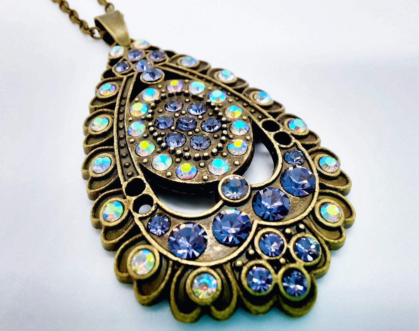 Handmade / Handcrafted Antiqued Brass / Bronze Aurora Borealis & Purple Rhinestone Intricate Filigree Teardrop Pendant Necklace