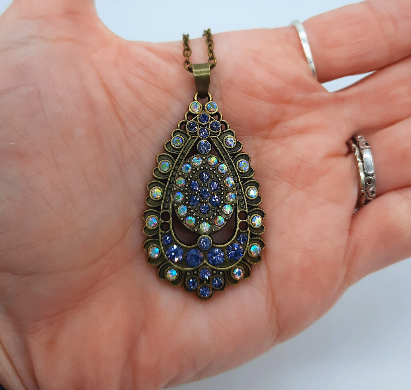 Handmade / Handcrafted Antiqued Brass / Bronze Aurora Borealis & Purple Rhinestone Intricate Filigree Teardrop Pendant Necklace