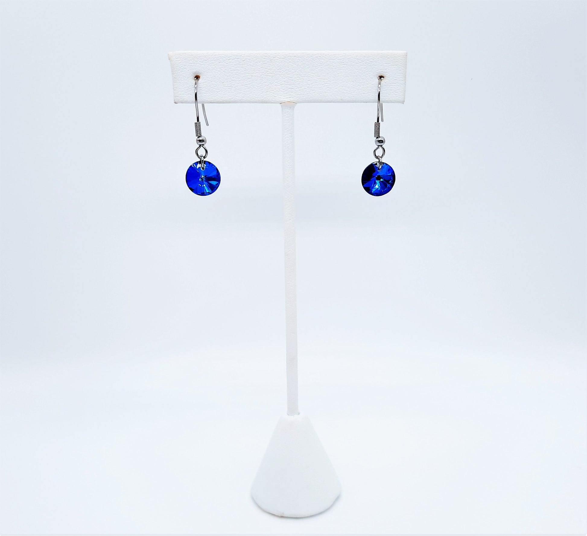 Handmade / Handcrafted Bermuda Blue Rhinestone Round Crystal Pendant Earrings - Hypoallergenic Stainless Steel Ear Wire Hooks