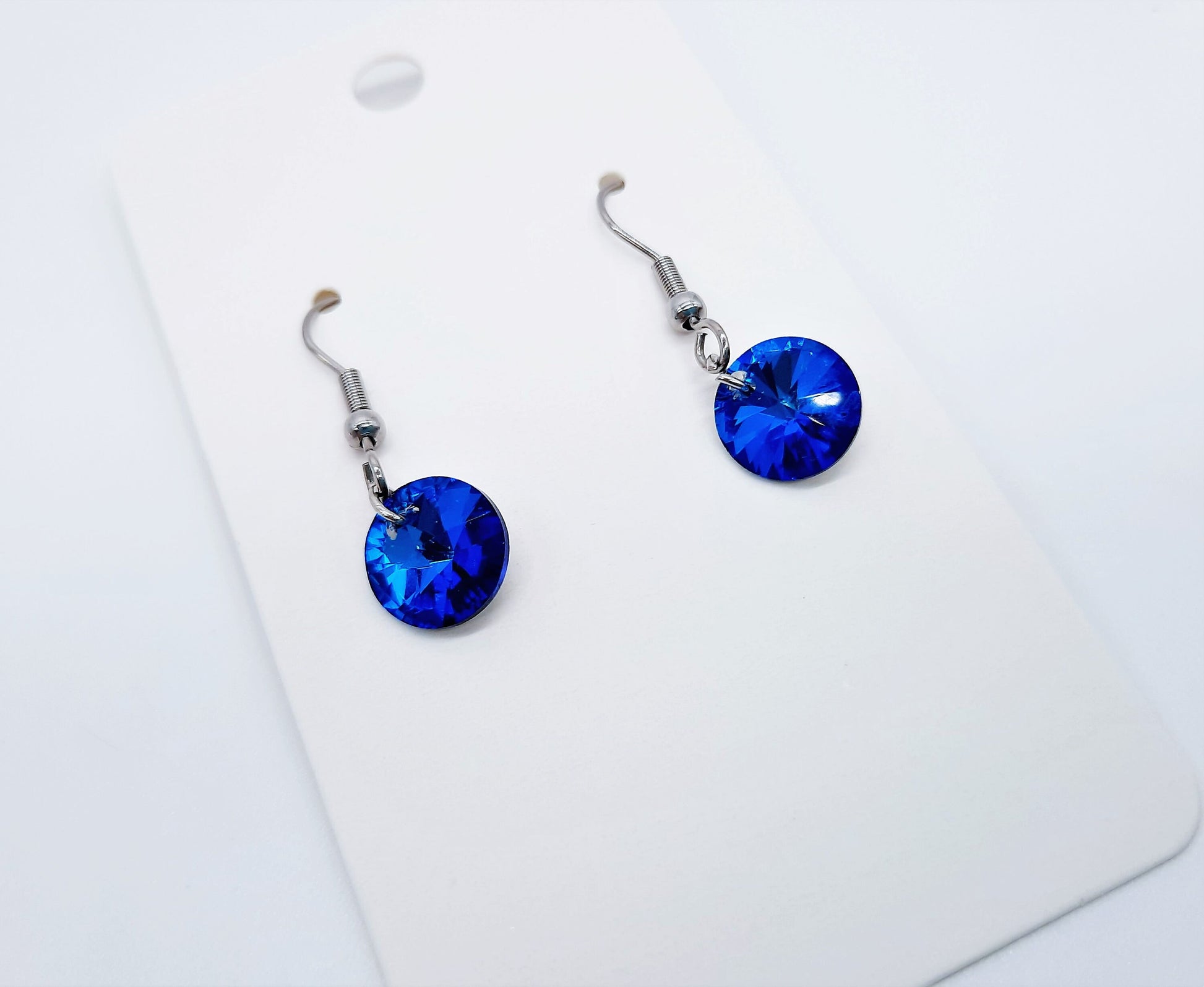 Handmade / Handcrafted Bermuda Blue Rhinestone Round Crystal Pendant Earrings - Hypoallergenic Stainless Steel Ear Wire Hooks