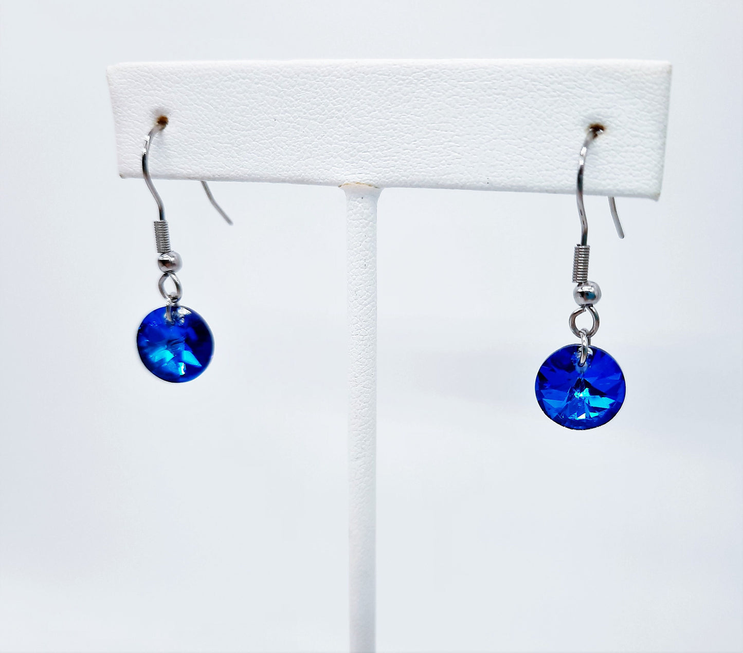 Handmade / Handcrafted Bermuda Blue Rhinestone Round Crystal Pendant Earrings - Hypoallergenic Stainless Steel Ear Wire Hooks