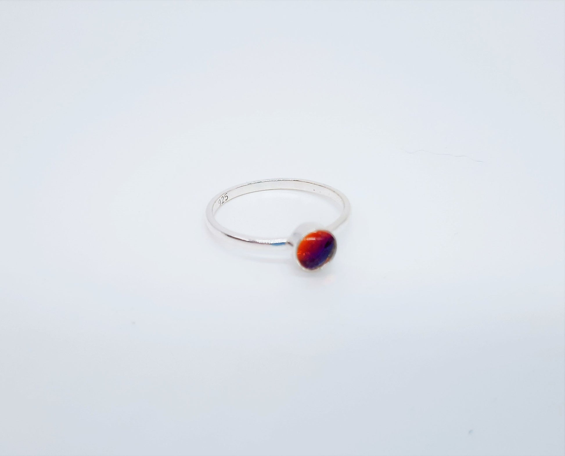 Handcrafted / Handmade 925 Sterling Silver Ring, Made with an Iridescent Red and Blue Mirrorball Rhinestone, Dome with Mica Infused Resin