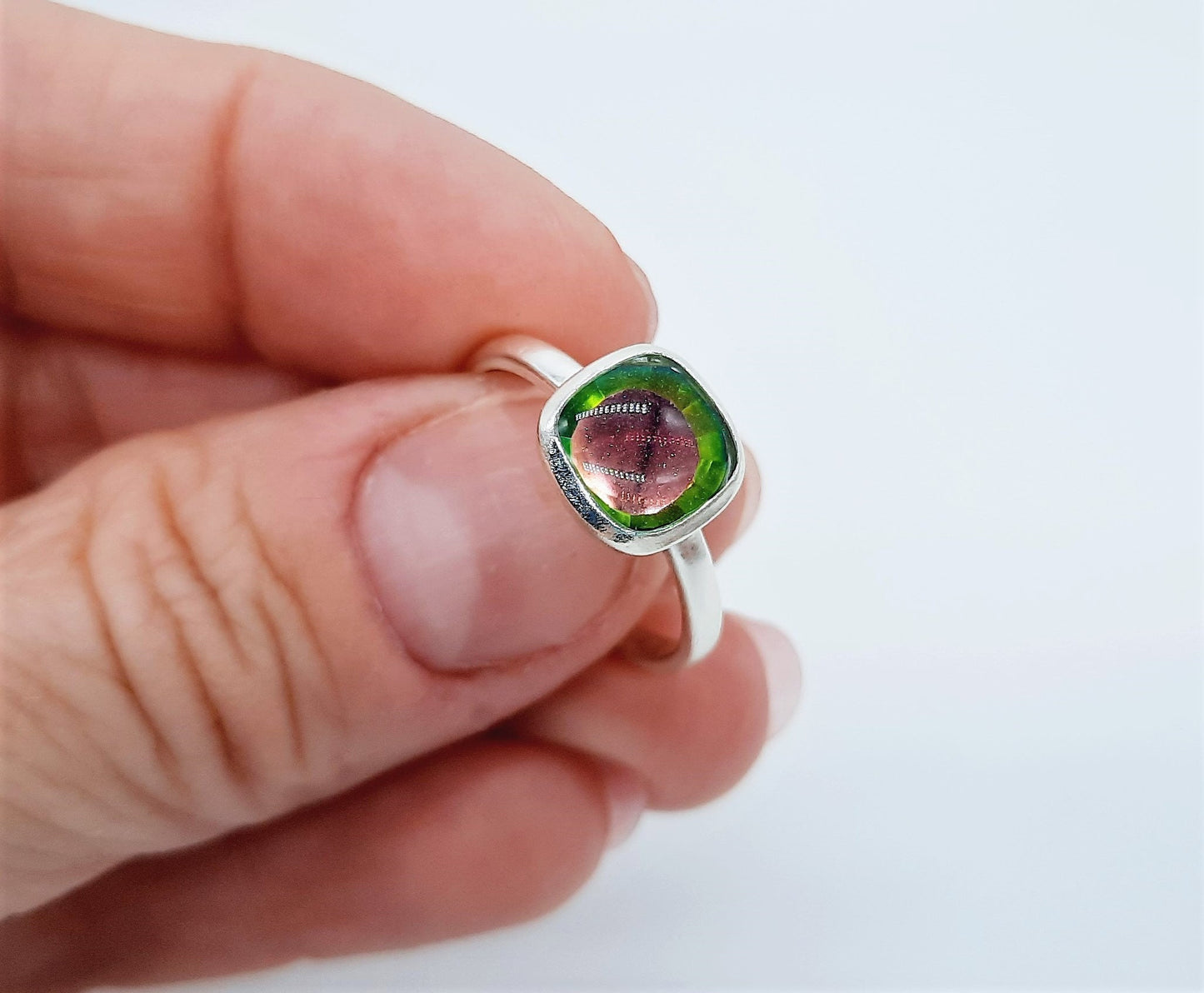 Handcrafted Square Design 925 Sterling Silver Iridescent Multifaceted Purple and Green Aurora Borealis Ring, Domed with Mica Infused Resin