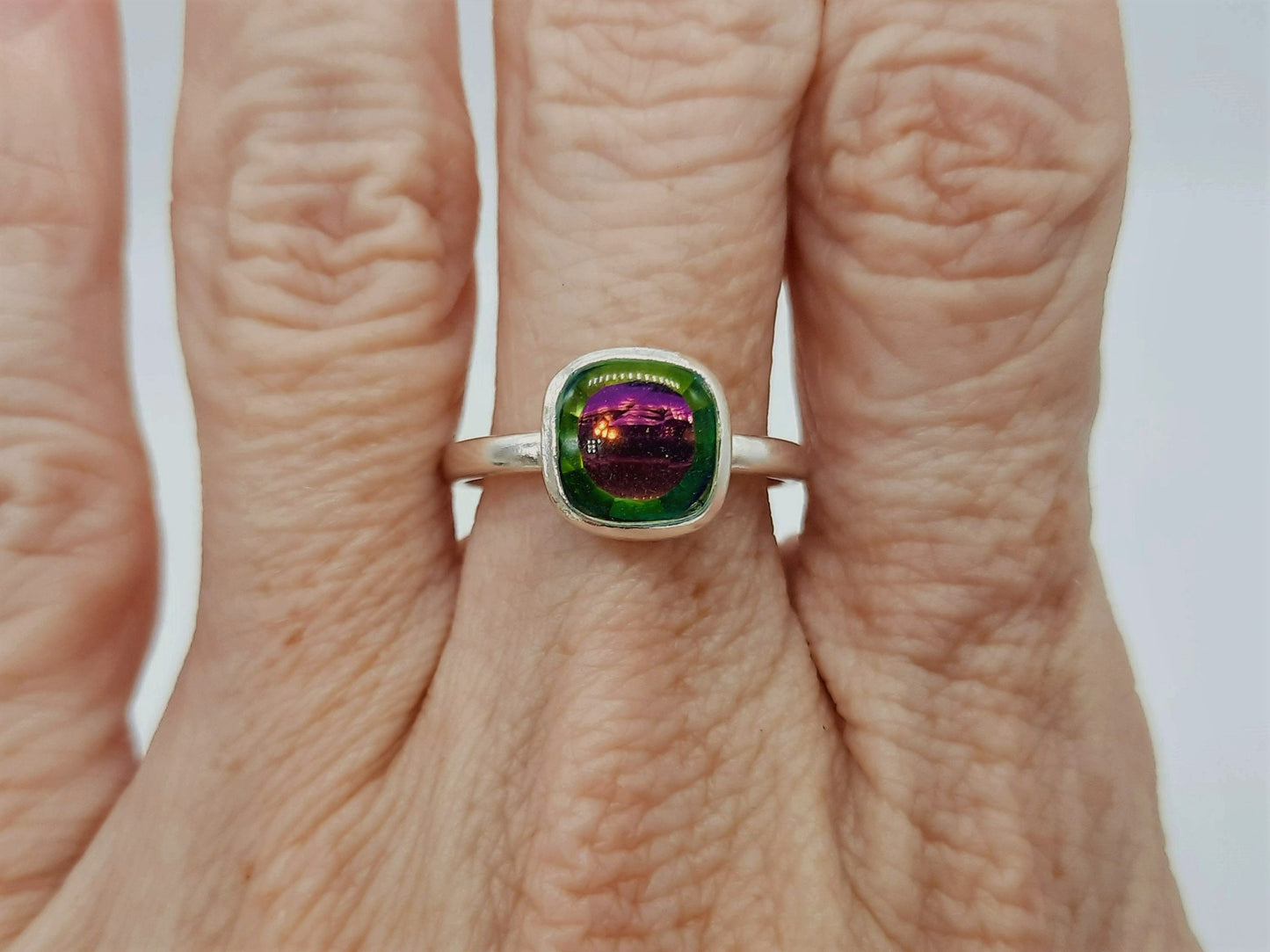 Handcrafted Square Design 925 Sterling Silver Iridescent Multifaceted Purple and Green Aurora Borealis Ring, Domed with Mica Infused Resin