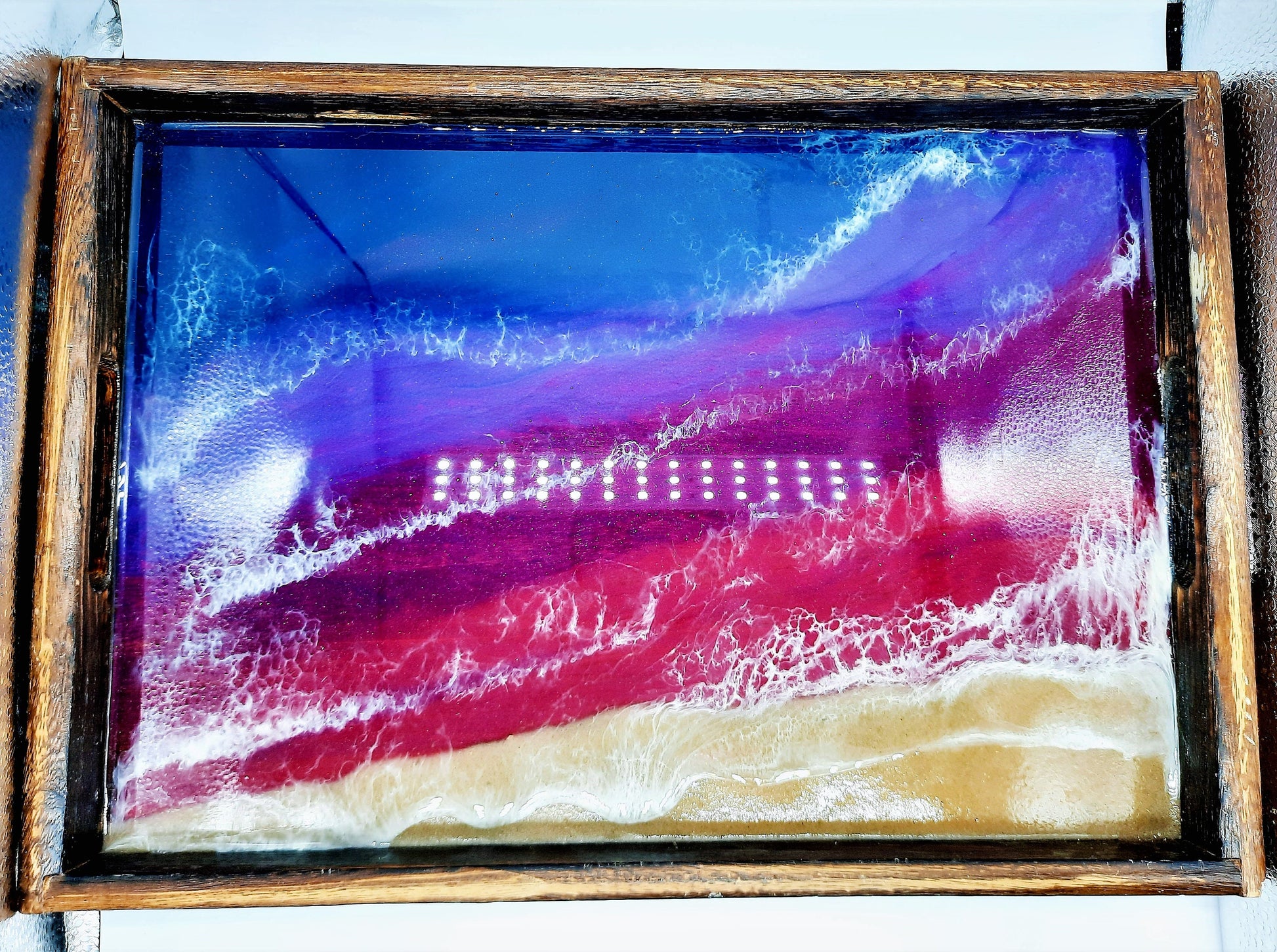 Handmade / Handpoured Eco-Friendly Epoxy Resin Purple, Red, Pink Sunset Seascape Coastal Wave Beach Scene Serving Tray - Made with Real Sand