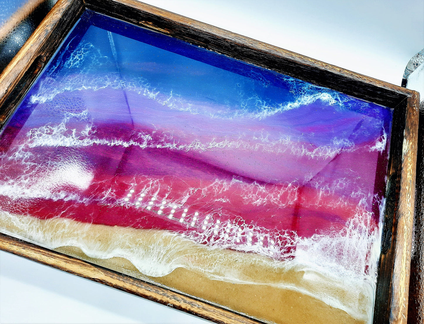 Handmade / Handpoured Eco-Friendly Epoxy Resin Purple, Red, Pink Sunset Seascape Coastal Wave Beach Scene Serving Tray - Made with Real Sand