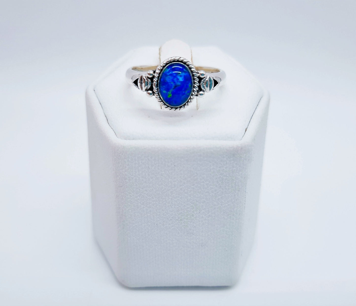 Handcrafted / Handmade Intricate Antiqued 925 Sterling Silver Ring, Genuine Blue Opal Oval Stone, Domed with Holographic Resin