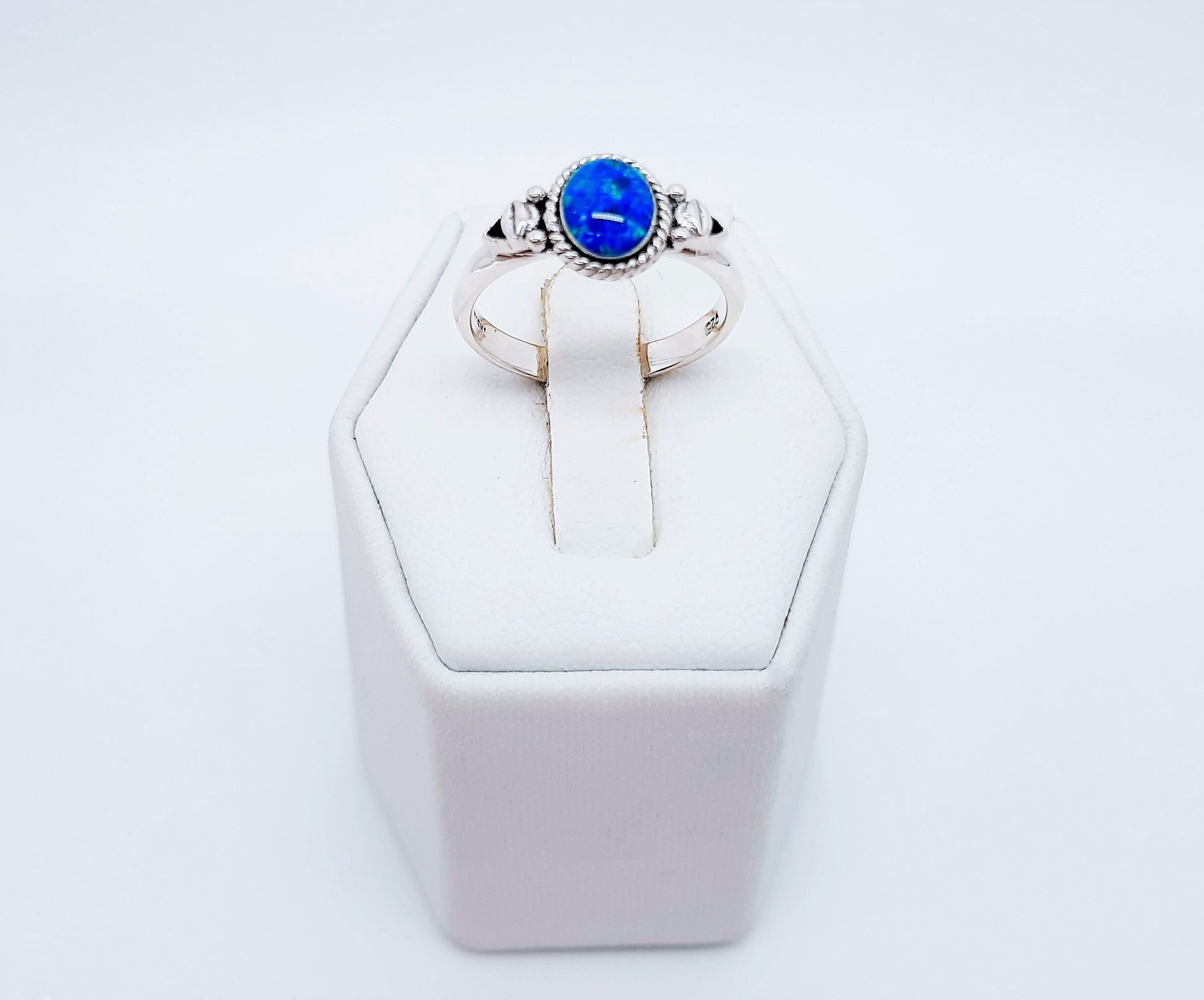 Handcrafted / Handmade Intricate Antiqued 925 Sterling Silver Ring, Genuine Blue Opal Oval Stone, Domed with Holographic Resin