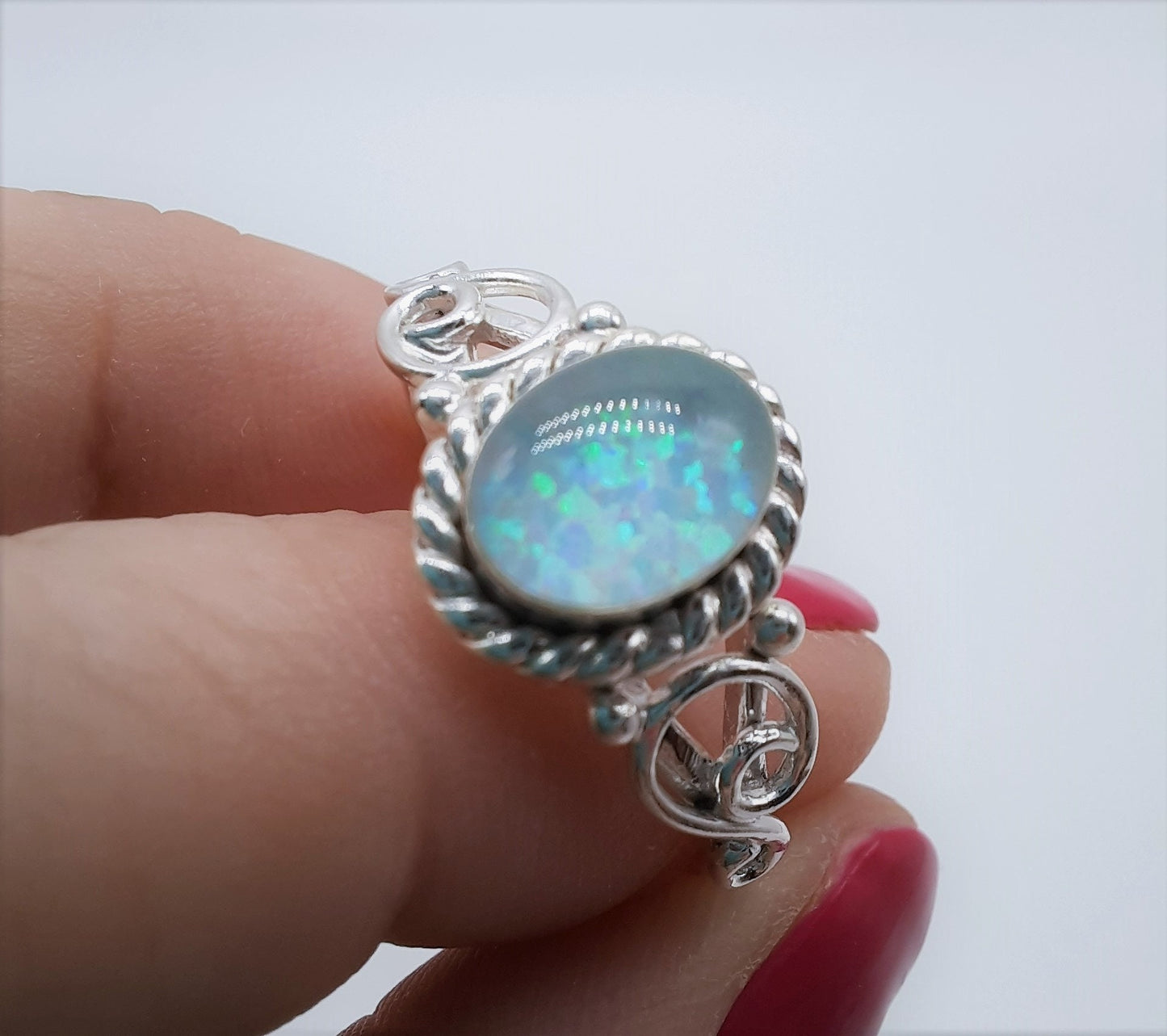 Handcrafted / Handmade Antiqued 925 Sterling Silver Ring, Genuine White Opal Setting, Domed with Holographic Resin