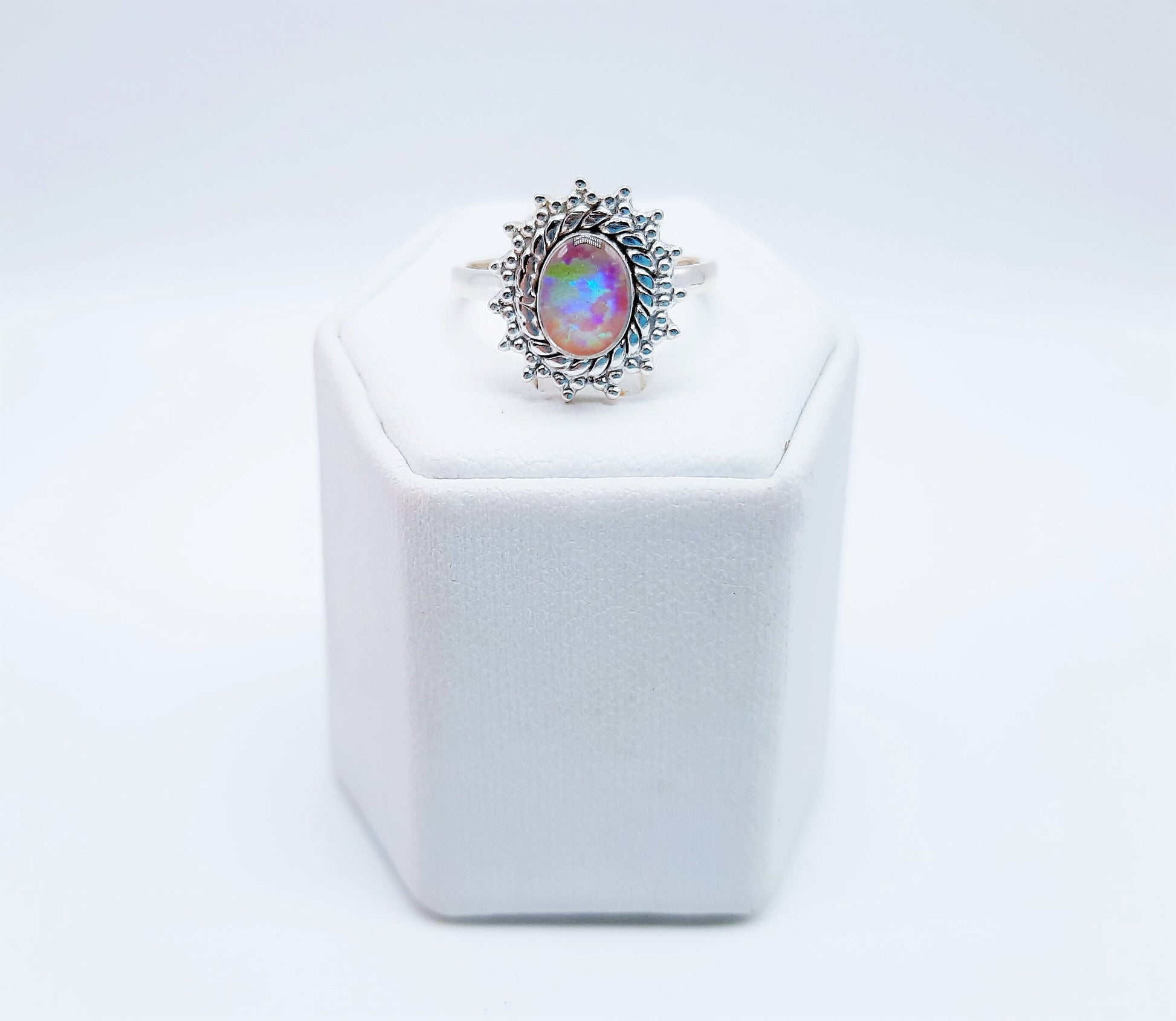 Handcrafted / Handmade Antiqued 925 Sterling Silver Ring, Genuine Pink Opal Stone, Domed with Holographic Resin