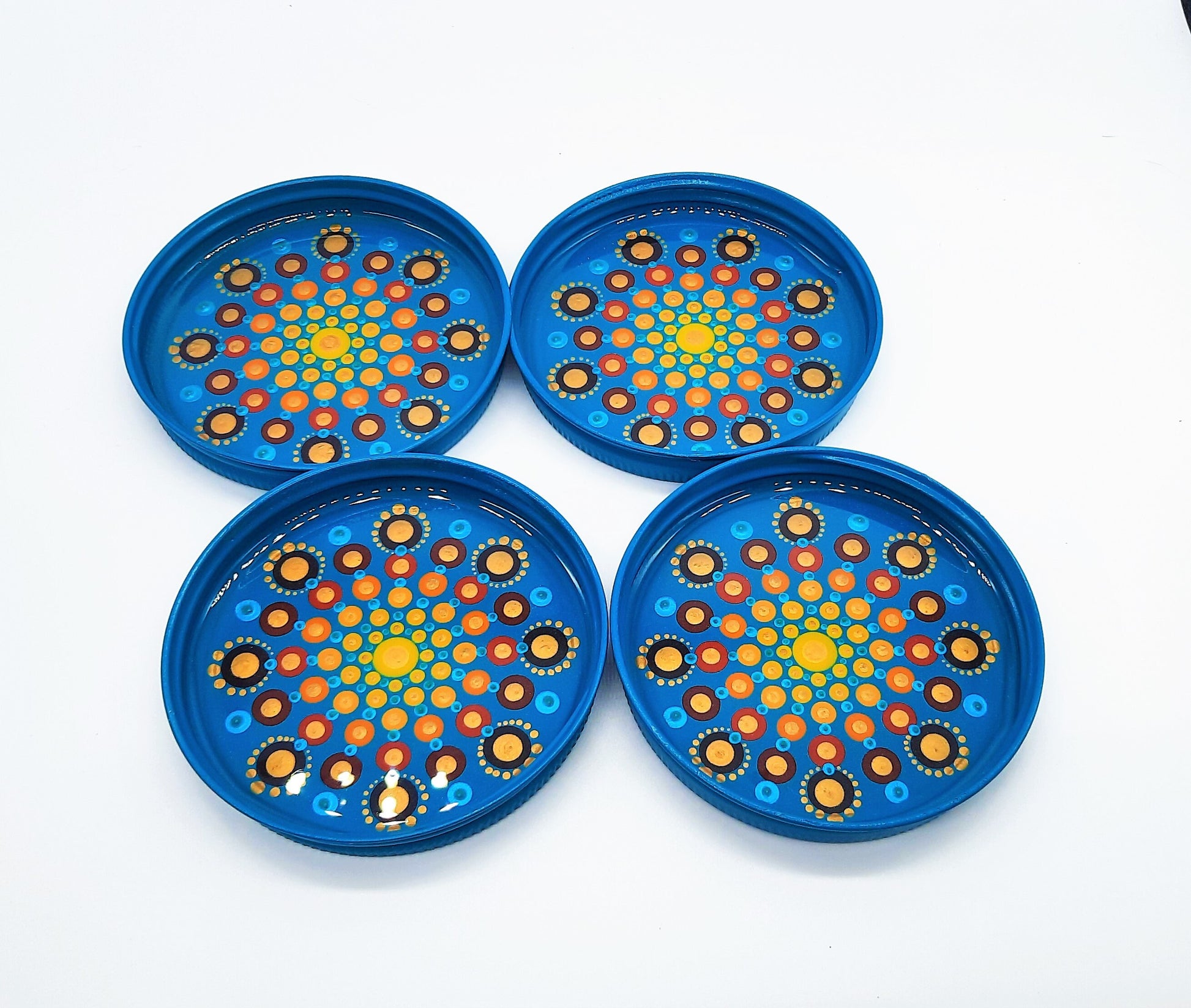 Eco-Friendly Dot Mandala Mason Jar Lid Coasters (Set of 4), Hand-painted, One of a Kind, Sealed with Resin