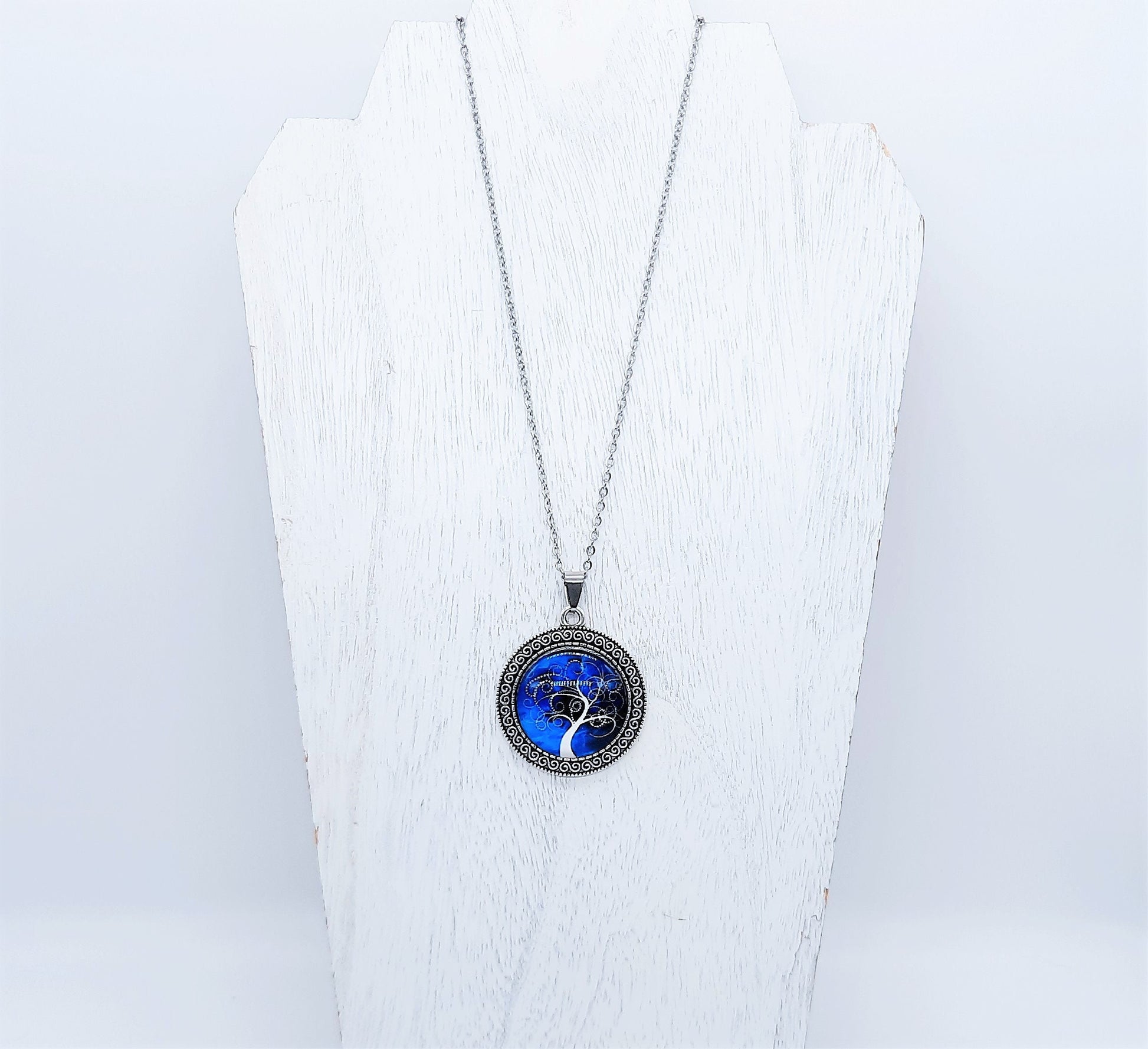 Tree of Life Glass Cabochon and Metal Pendant Necklace