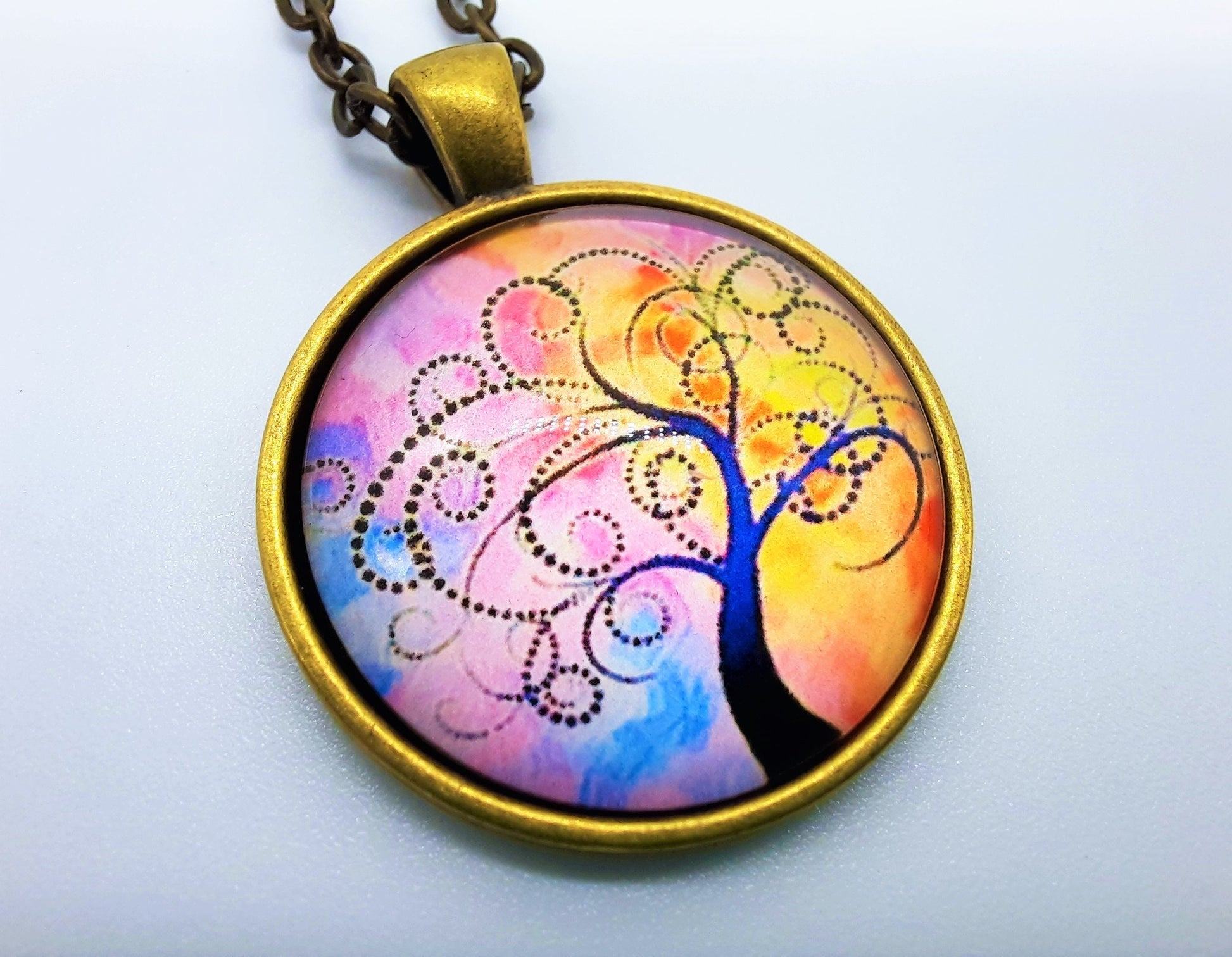 Tree of Life Glass Cabochon and Metal Pendant Necklace