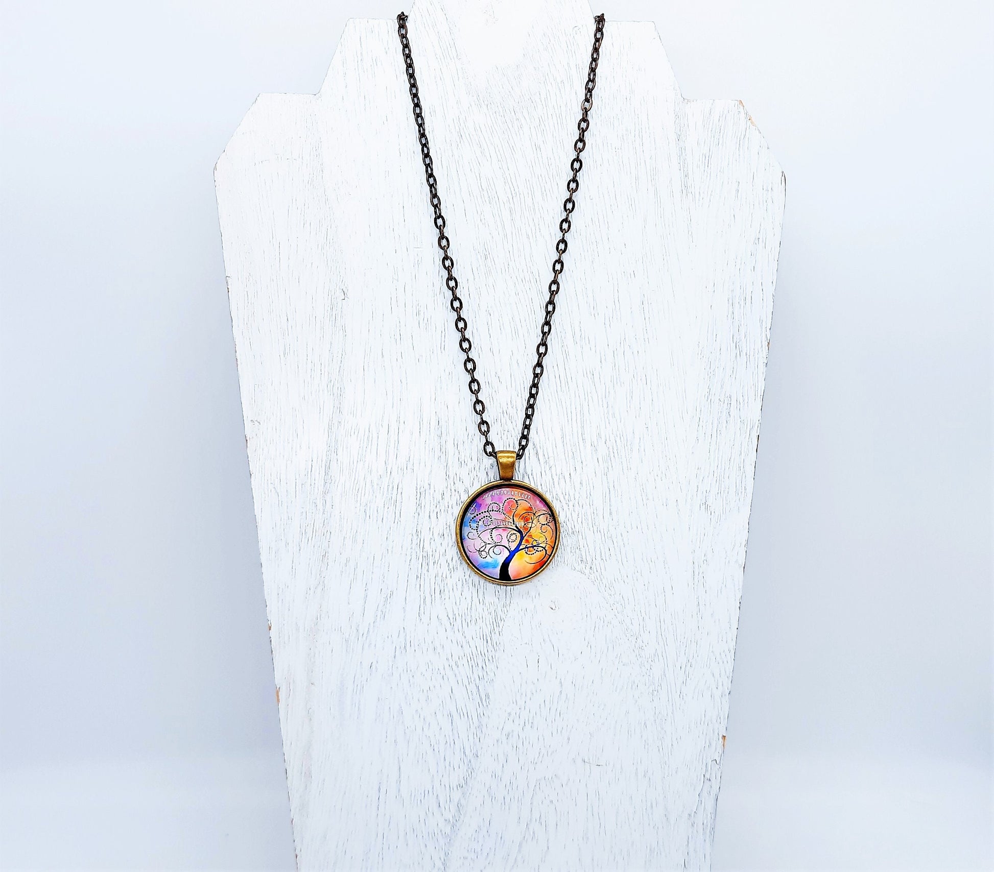 Tree of Life Glass Cabochon and Metal Pendant Necklace