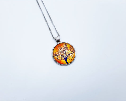 Tree of Life Glass Cabochon and Metal Pendant Necklace