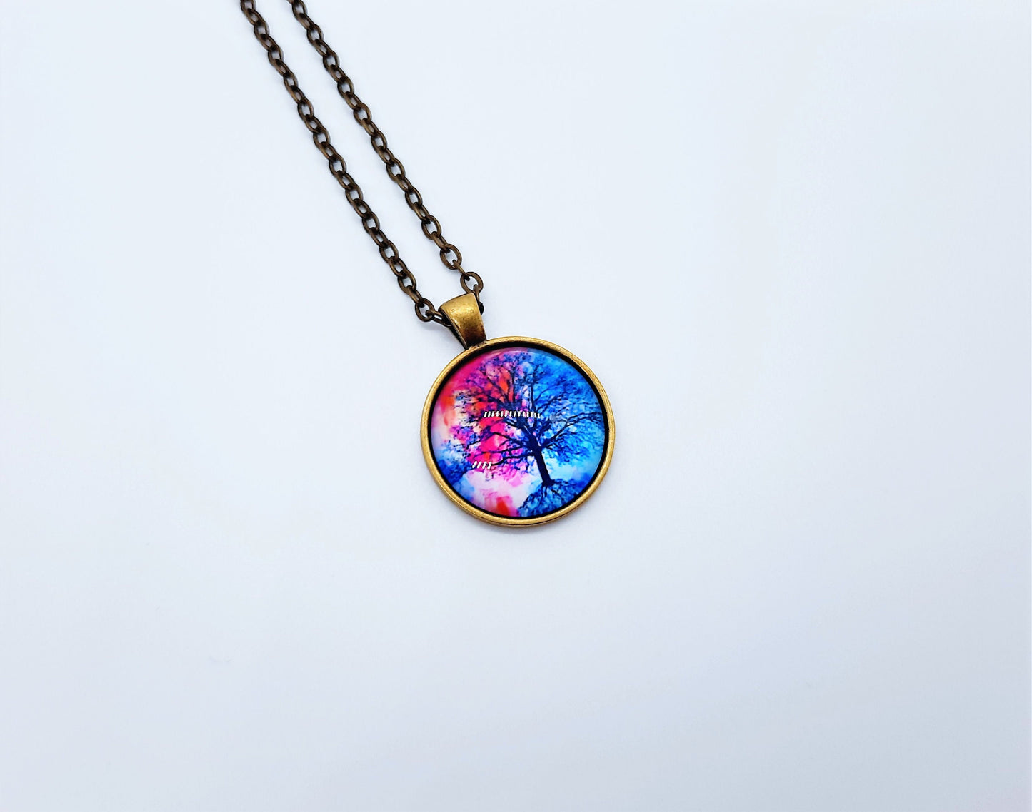 Tree of Life Glass Cabochon and Metal Pendant Necklace