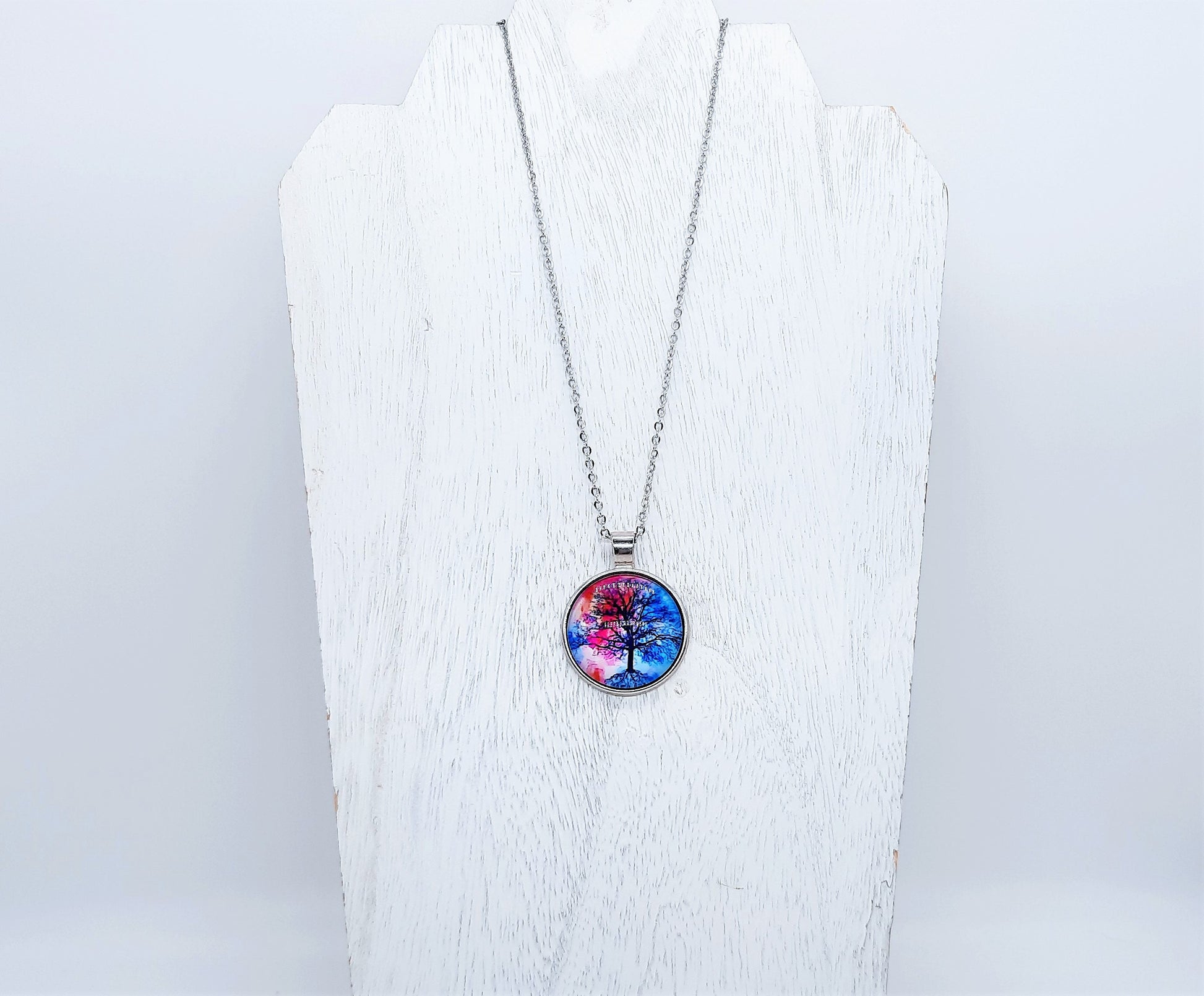 Tree of Life Glass Cabochon and Metal Pendant Necklace