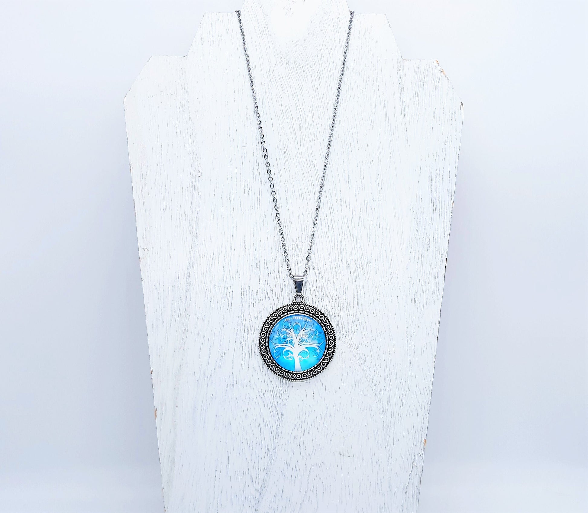 Tree of Life Glass Cabochon and Metal Pendant Necklace