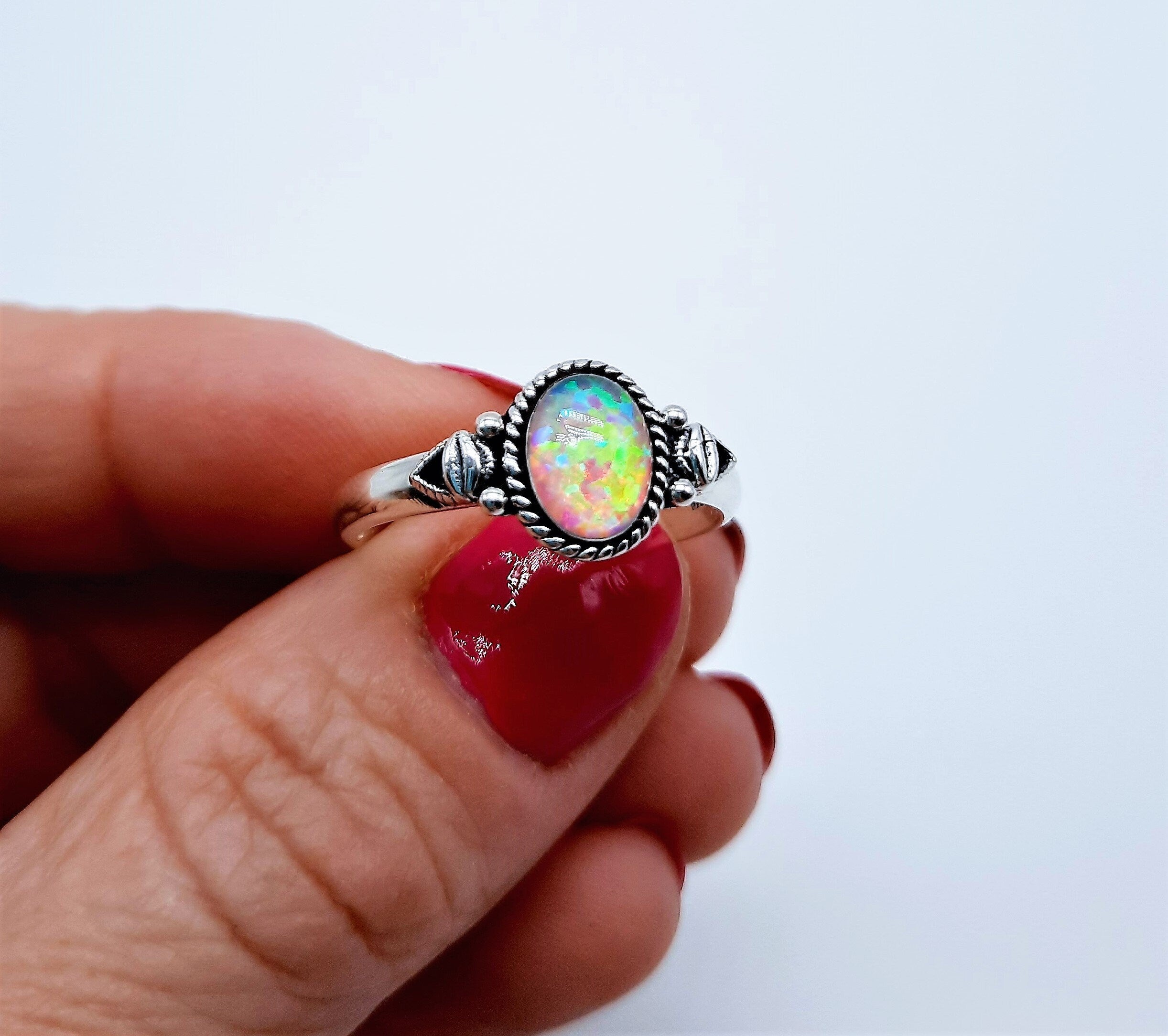Sterling Silver Fire Shape Blue Lab Opal Ring