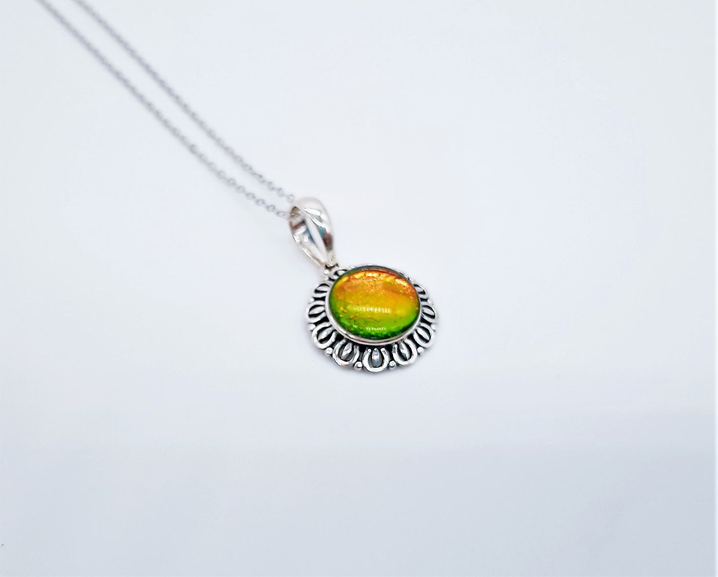 Handcrafted Iridescent Red Orange Yellow Green Glass Cabochon Pendant Necklace, Made with 925 Sterling Silver, Domed with Holographic Resin