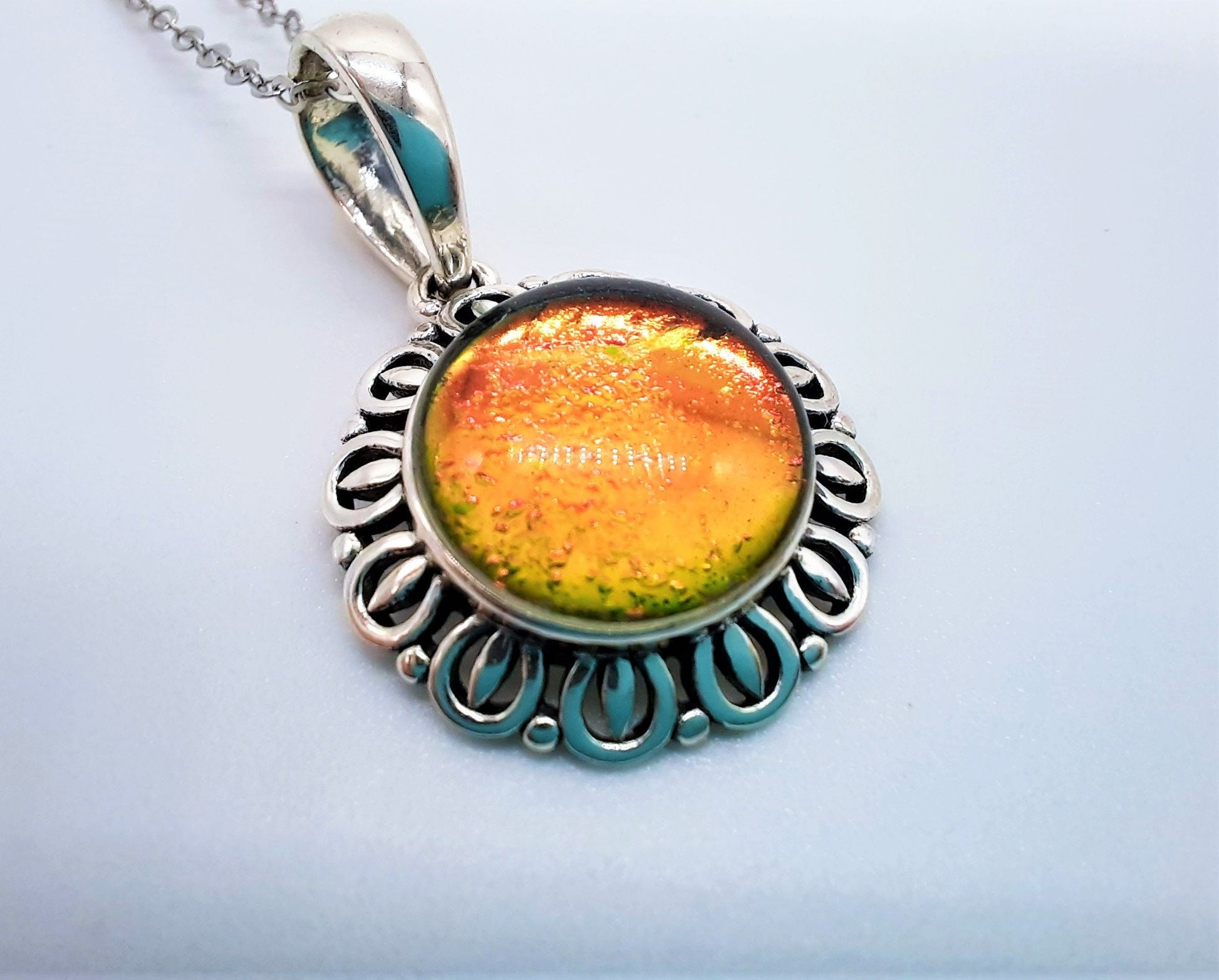 Handcrafted Iridescent Red Orange Yellow Green Glass Cabochon Pendant Necklace, Made with 925 Sterling Silver, Domed with Holographic Resin