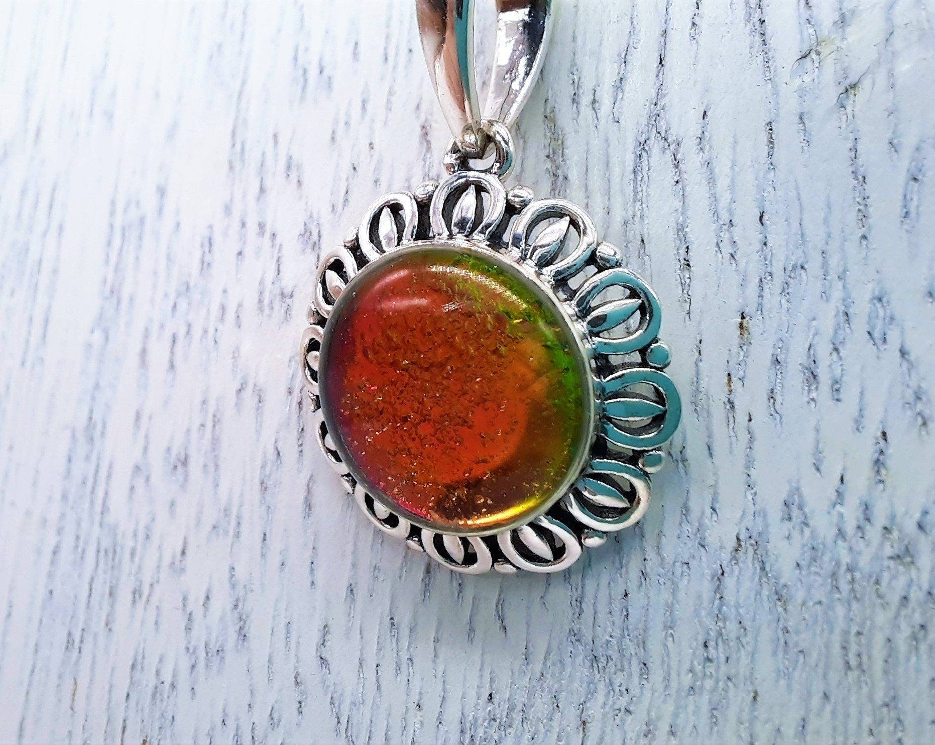 Handcrafted Iridescent Red Orange Yellow Green Glass Cabochon Pendant Necklace, Made with 925 Sterling Silver, Domed with Holographic Resin