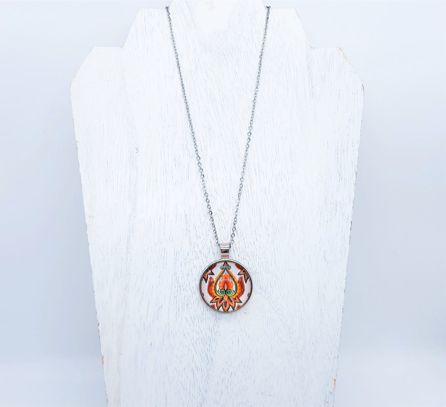 Lotus Flower Glass Cabochon and Metal Pendant Necklace