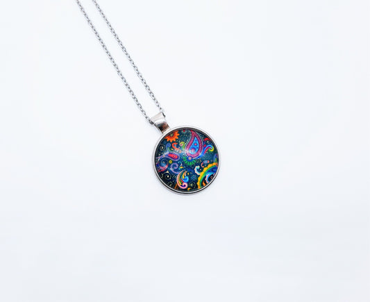 Paisley Glass Cabochon and Metal Pendant Necklace