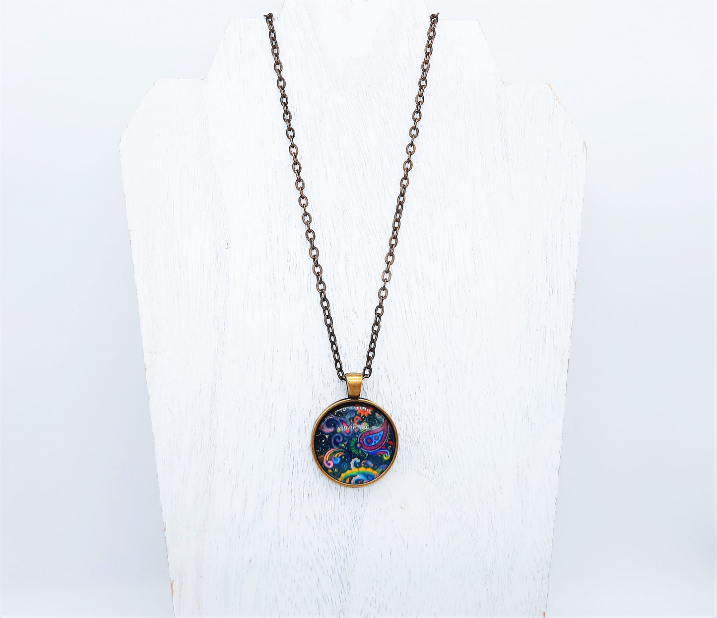 Paisley Glass Cabochon and Metal Pendant Necklace