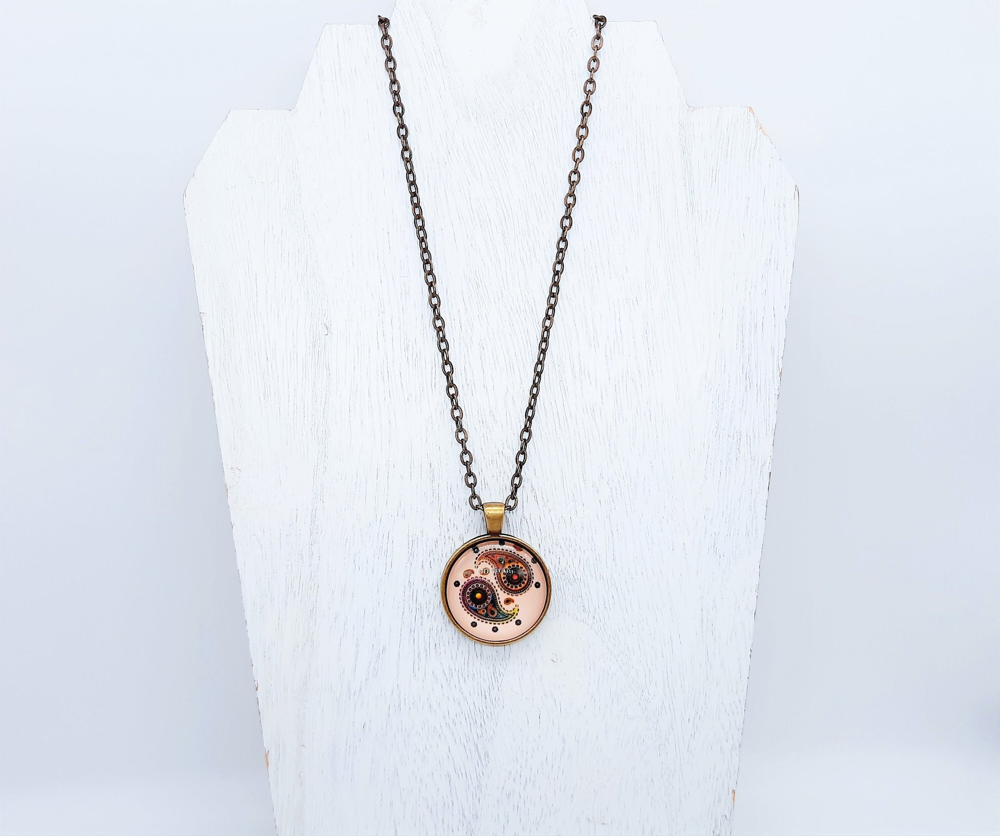 Paisley Glass Cabochon and Metal Pendant Necklace