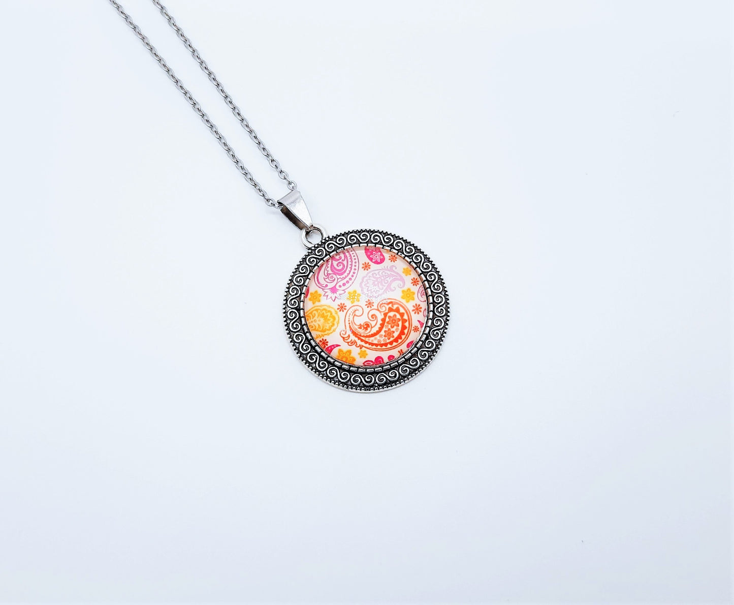 Paisley Glass Cabochon and Metal Pendant Necklace