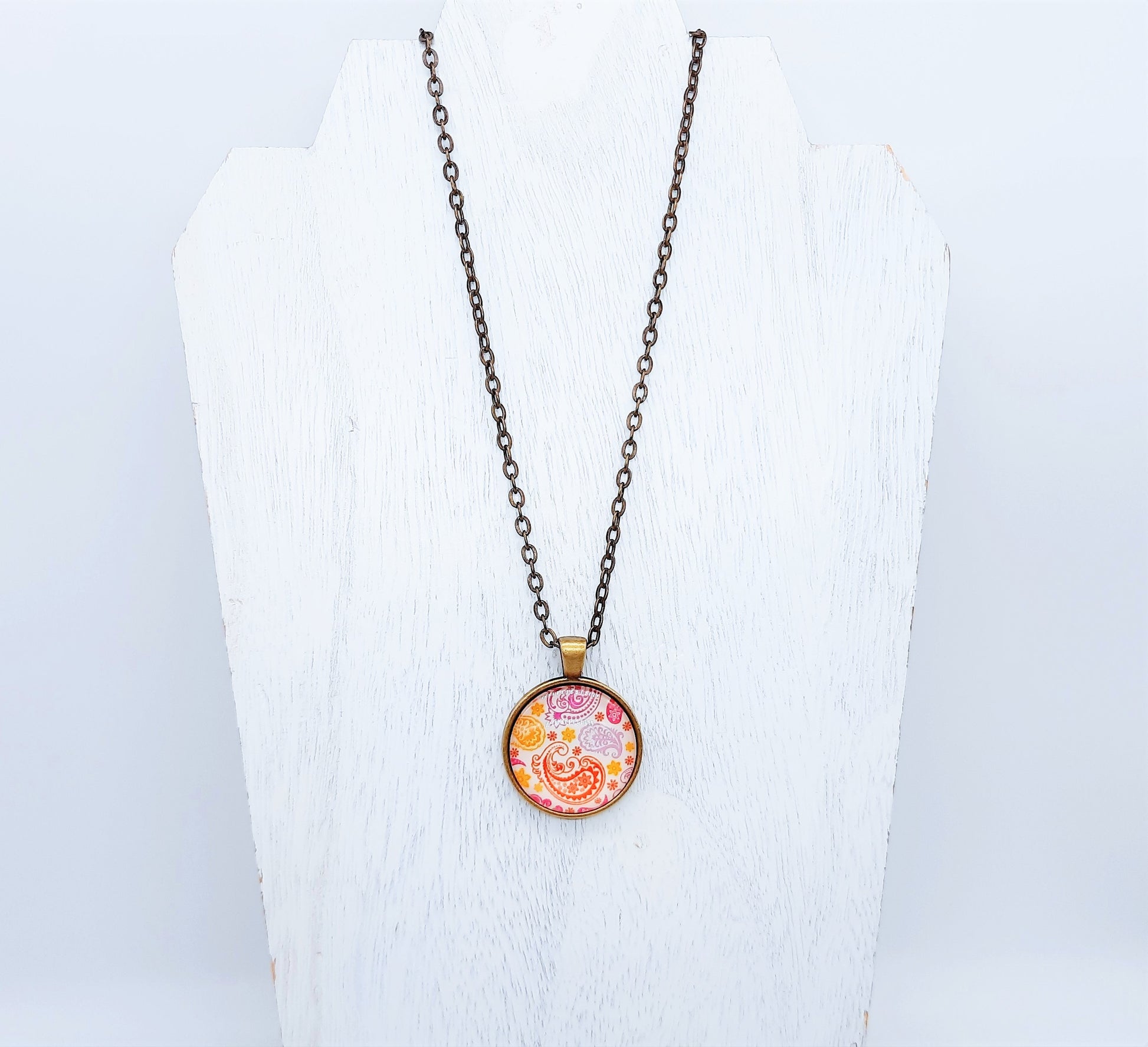 Paisley Glass Cabochon and Metal Pendant Necklace