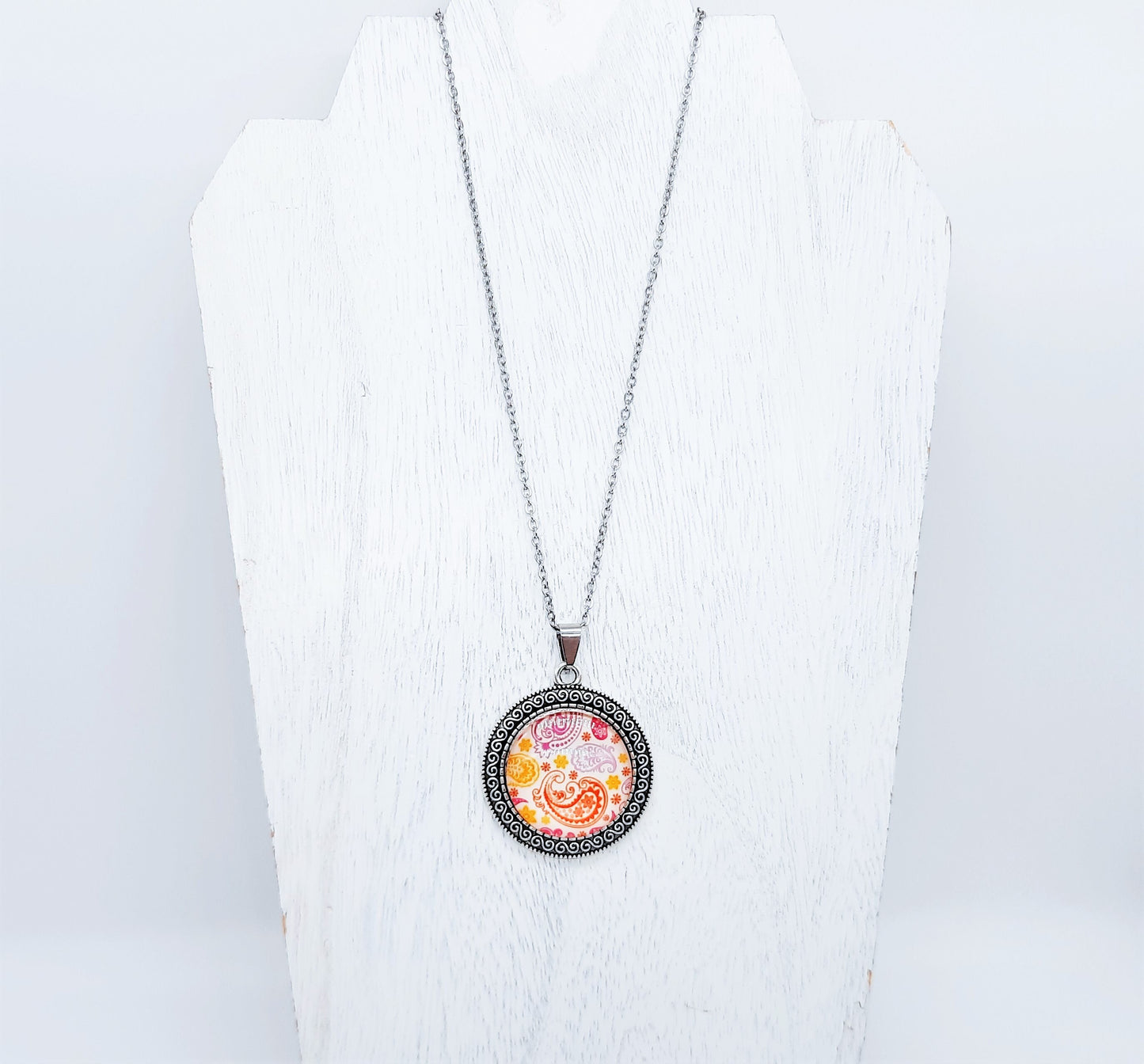 Paisley Glass Cabochon and Metal Pendant Necklace