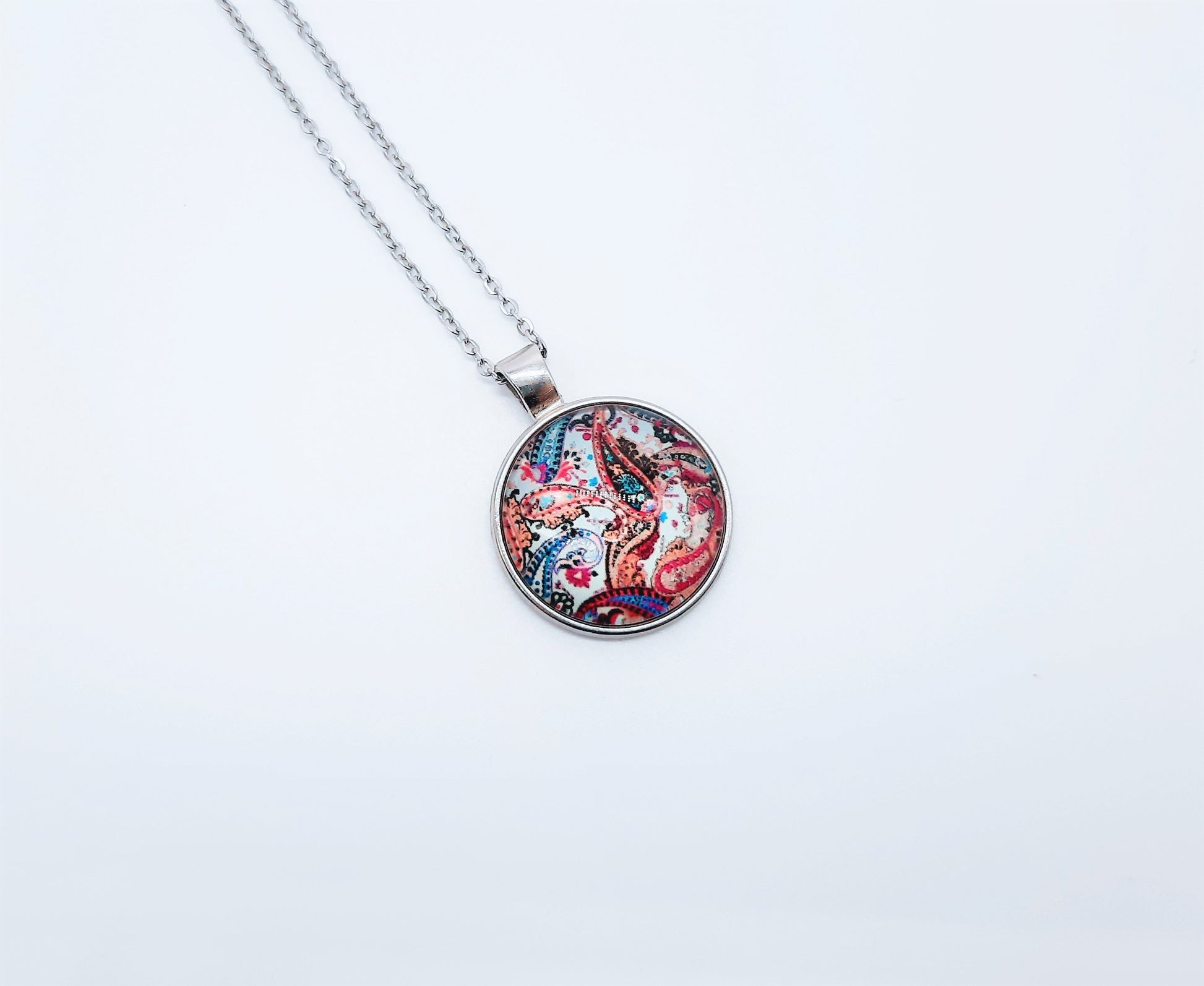 Paisley Glass Cabochon and Metal Pendant Necklace