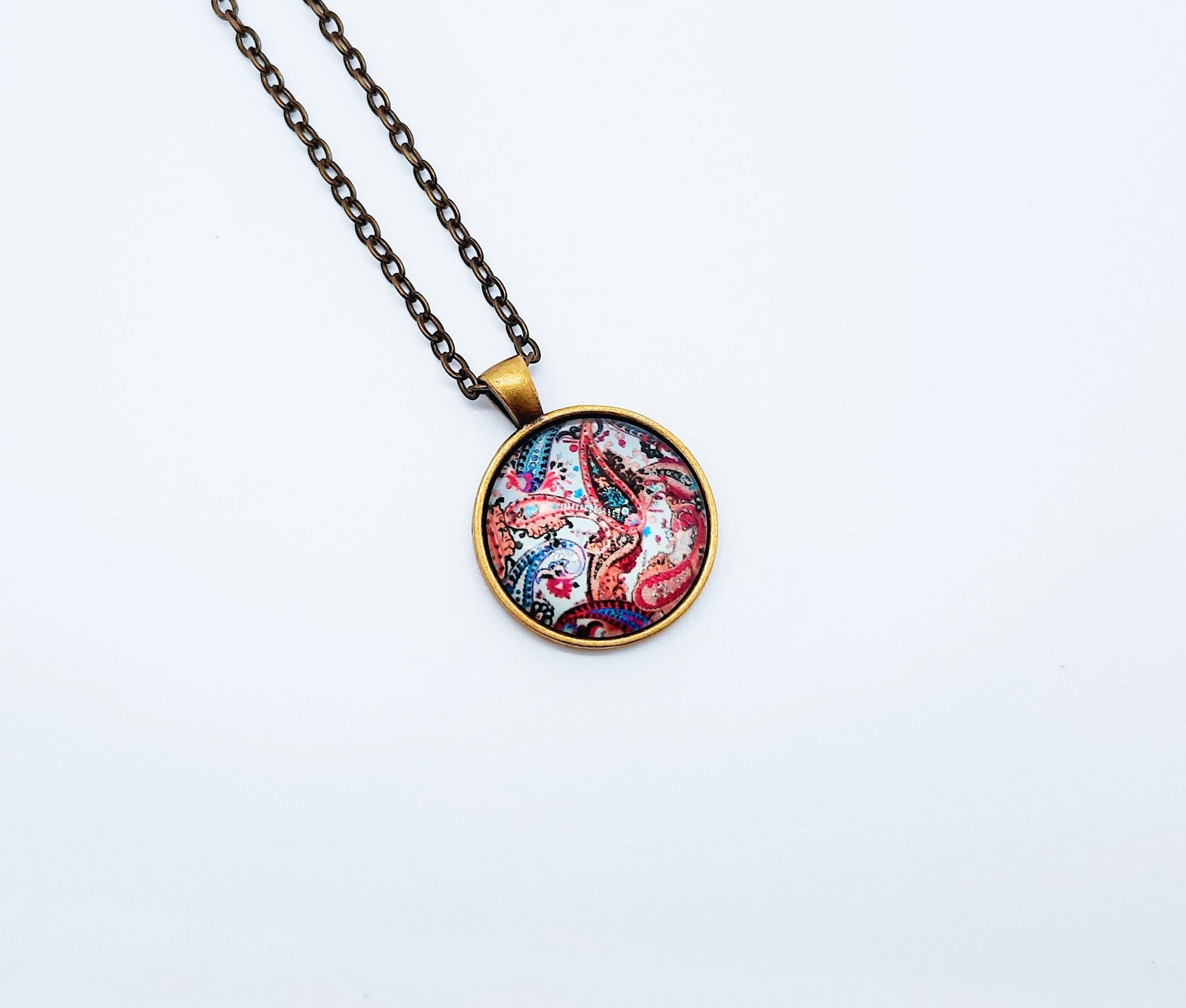 Paisley Glass Cabochon and Metal Pendant Necklace