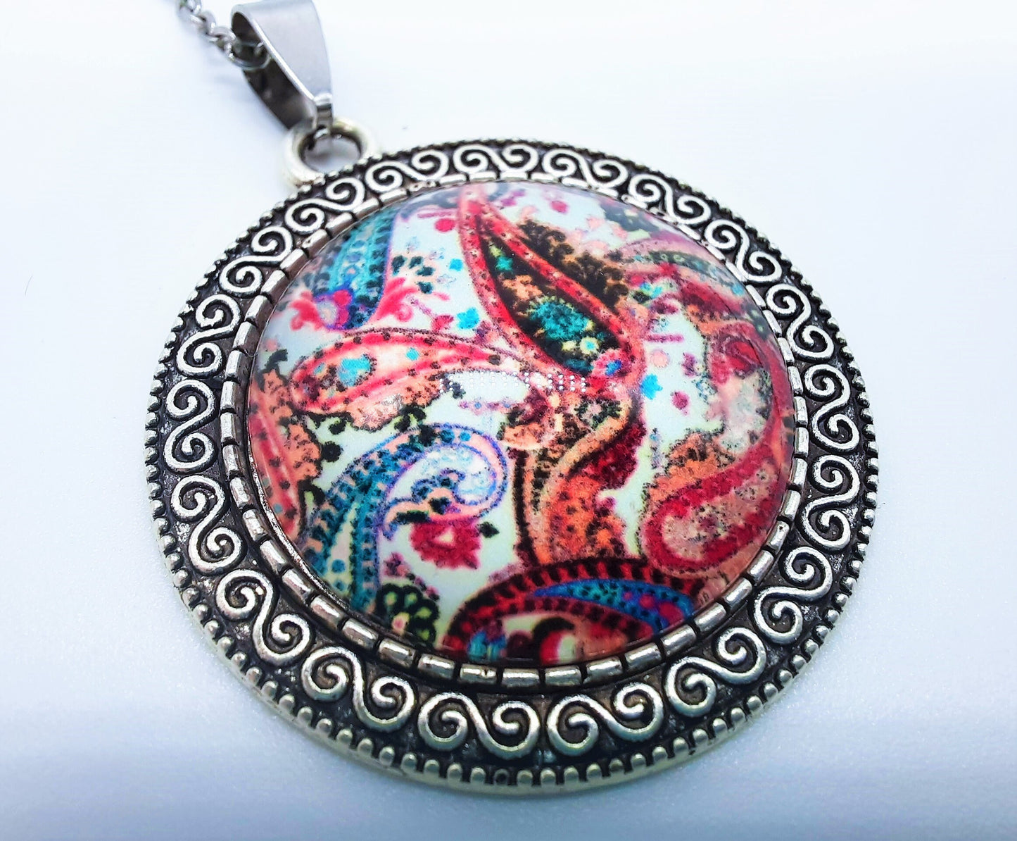 Paisley Glass Cabochon and Metal Pendant Necklace