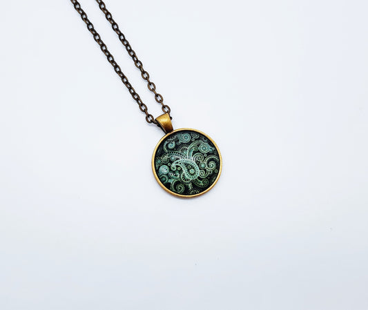 Paisley Glass Cabochon and Metal Pendant Necklace