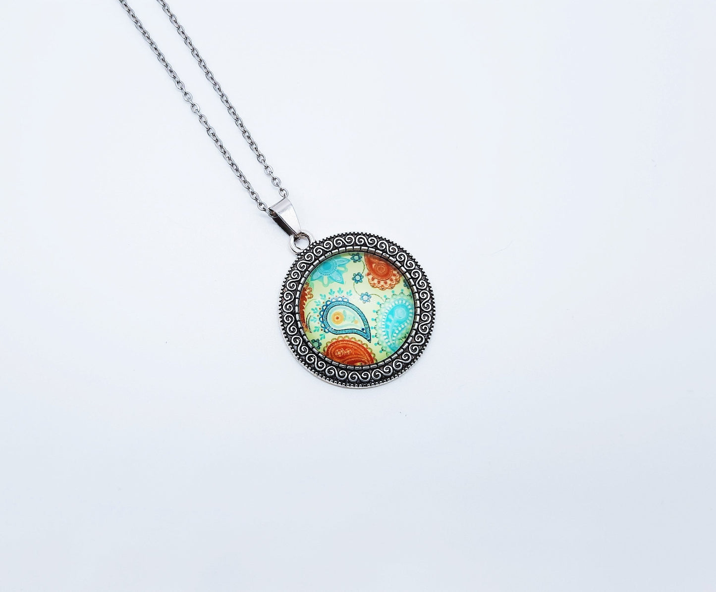 Paisley Glass Cabochon and Metal Pendant Necklace