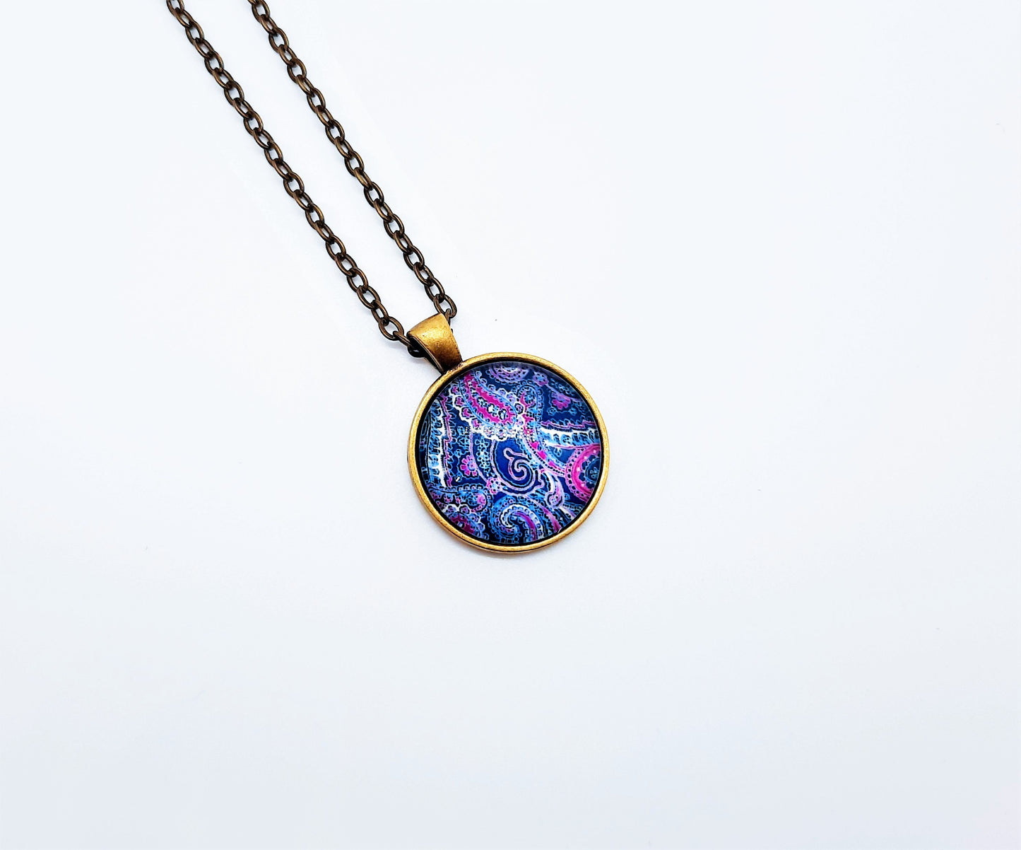 Paisley Glass Cabochon and Metal Pendant Necklace