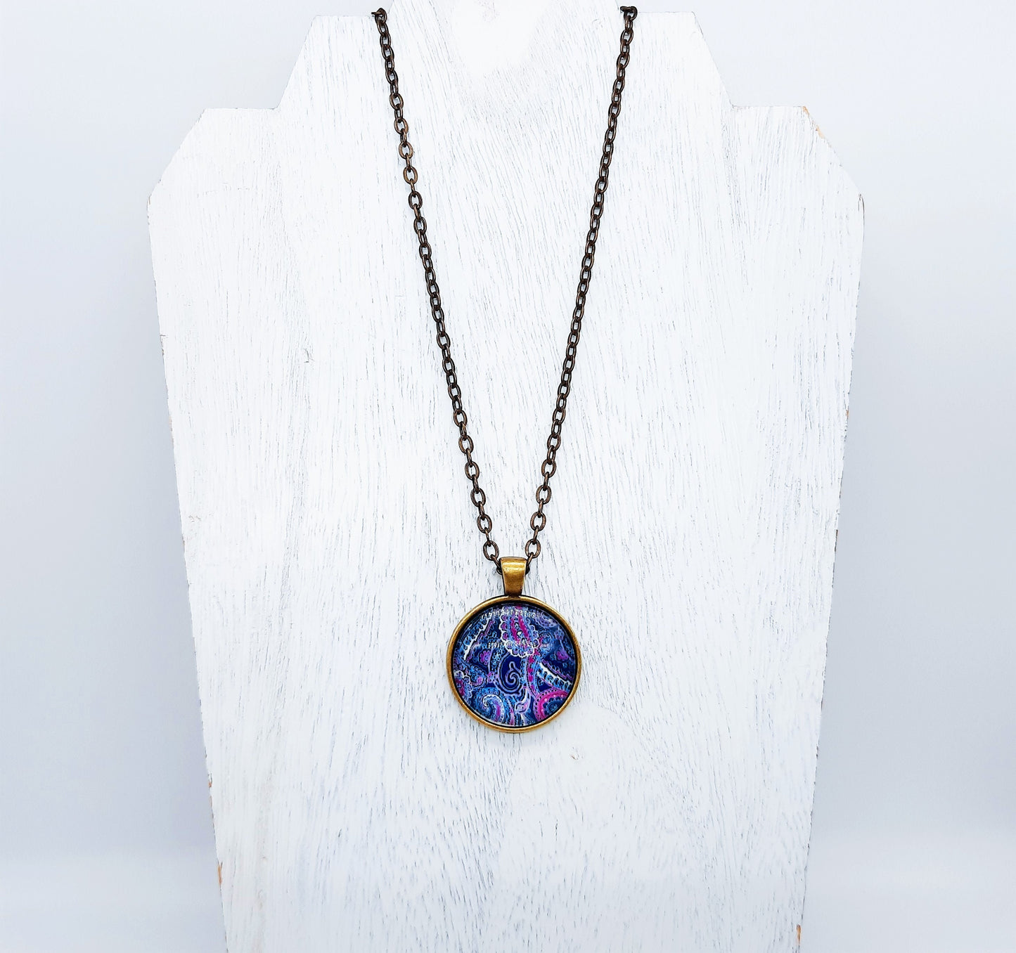 Paisley Glass Cabochon and Metal Pendant Necklace