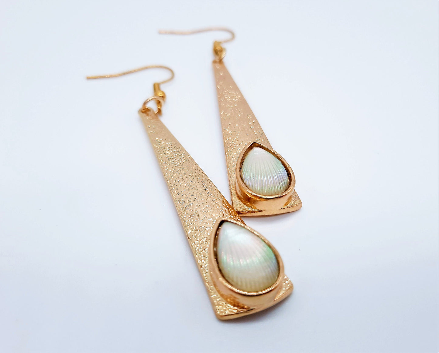 Handmade / Handcrafted Iridescent Pearlescent Shell Gold Dangle Pendant Earrings - Hypoallergenic 18K Gold Plated Stainless Steel Ear Hooks