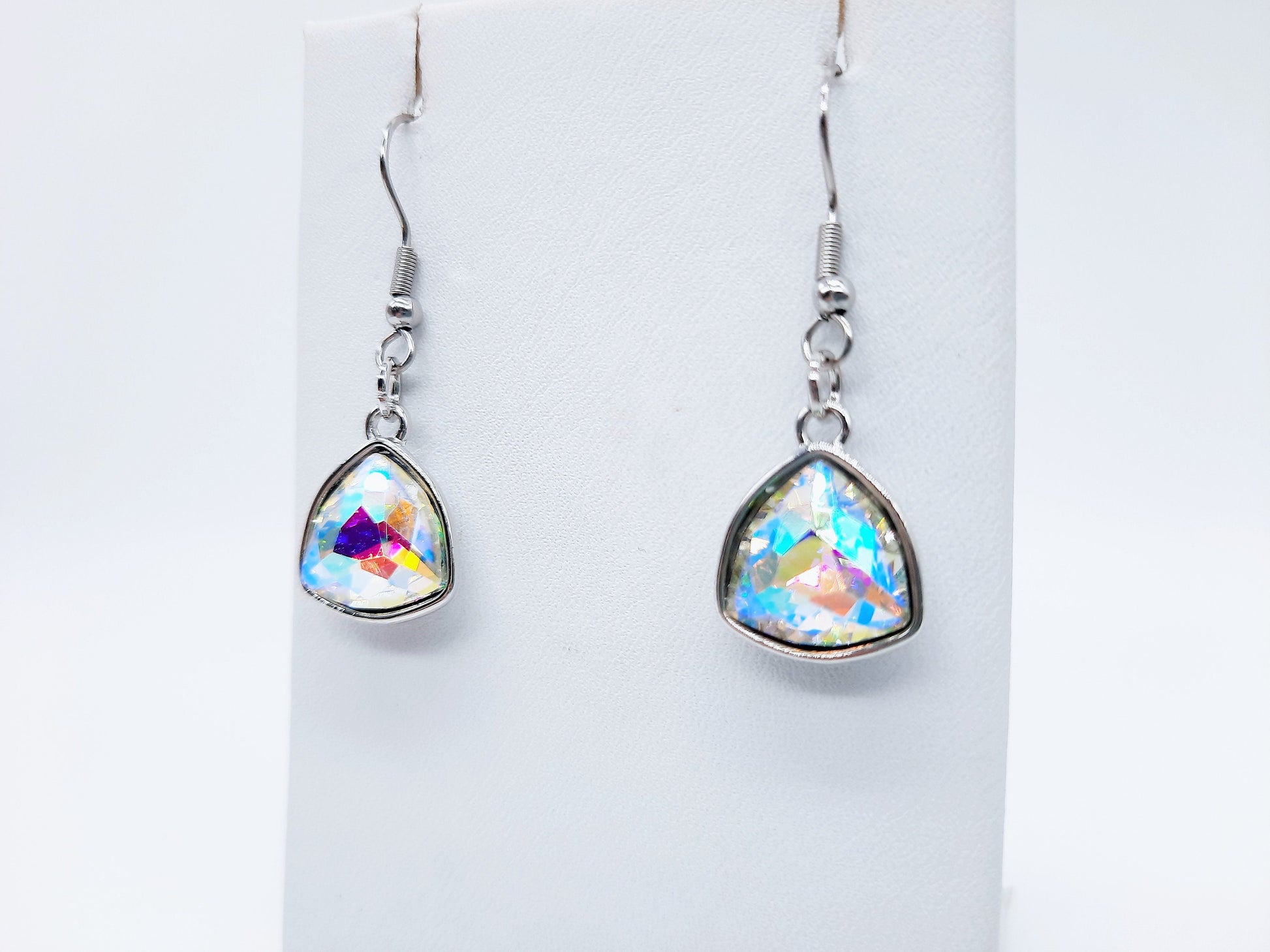 Handmade / Handcrafted Multifaceted Aurora Borealis Rhinestone Triangle Pendant Earrings - Hypoallergenic Stainless Steel Ear Wire Hooks