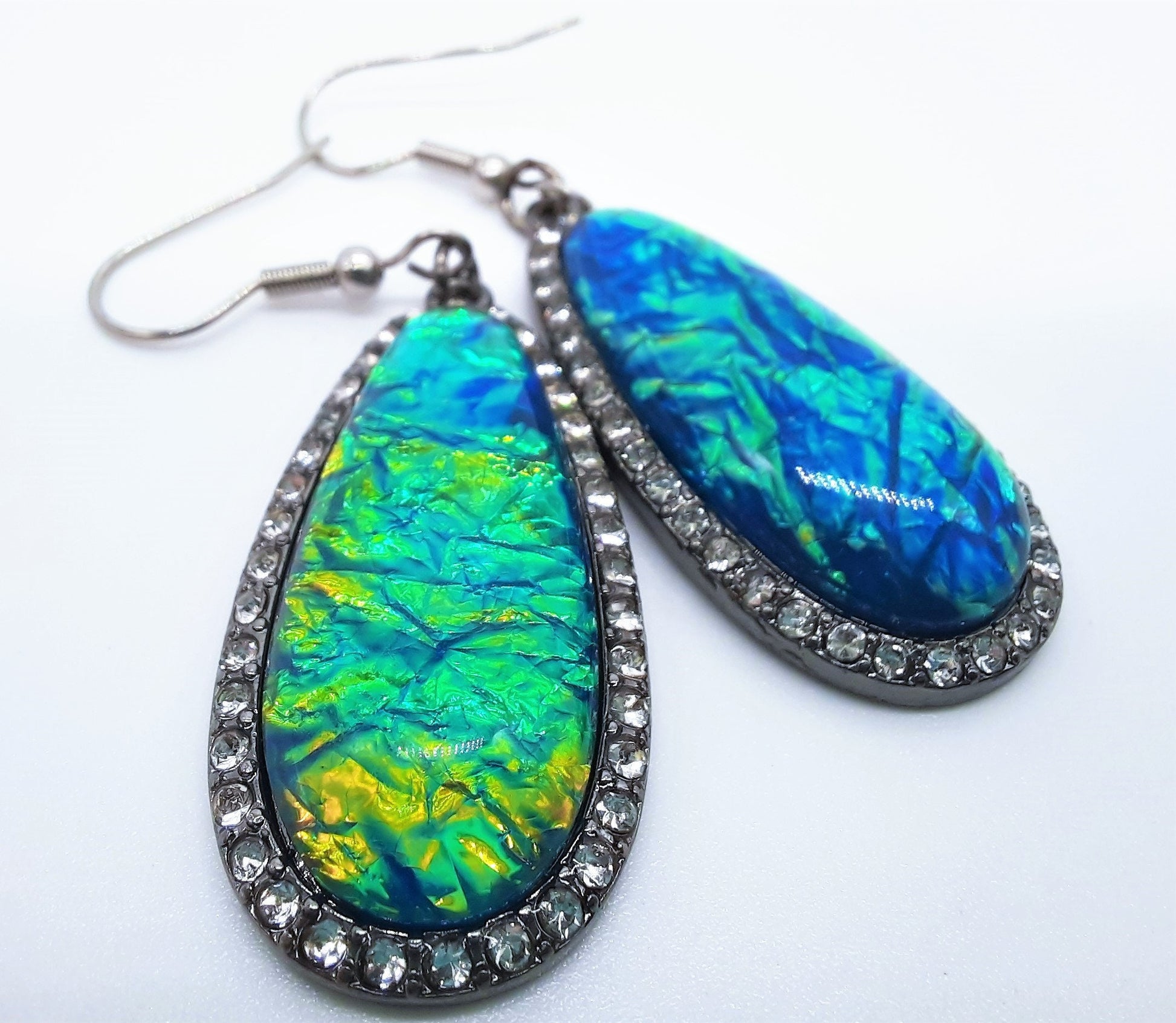 Handmade / Handcrafted Opal (like) Blue Green Sparkle Teardrop Pendant Earrings / Hypoallergenic Stainless Steel Ear Wire Hooks