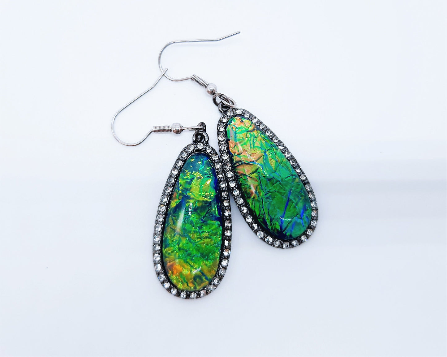 Handmade / Handcrafted Opal (like) Blue Green Sparkle Teardrop Pendant Earrings / Hypoallergenic Stainless Steel Ear Wire Hooks