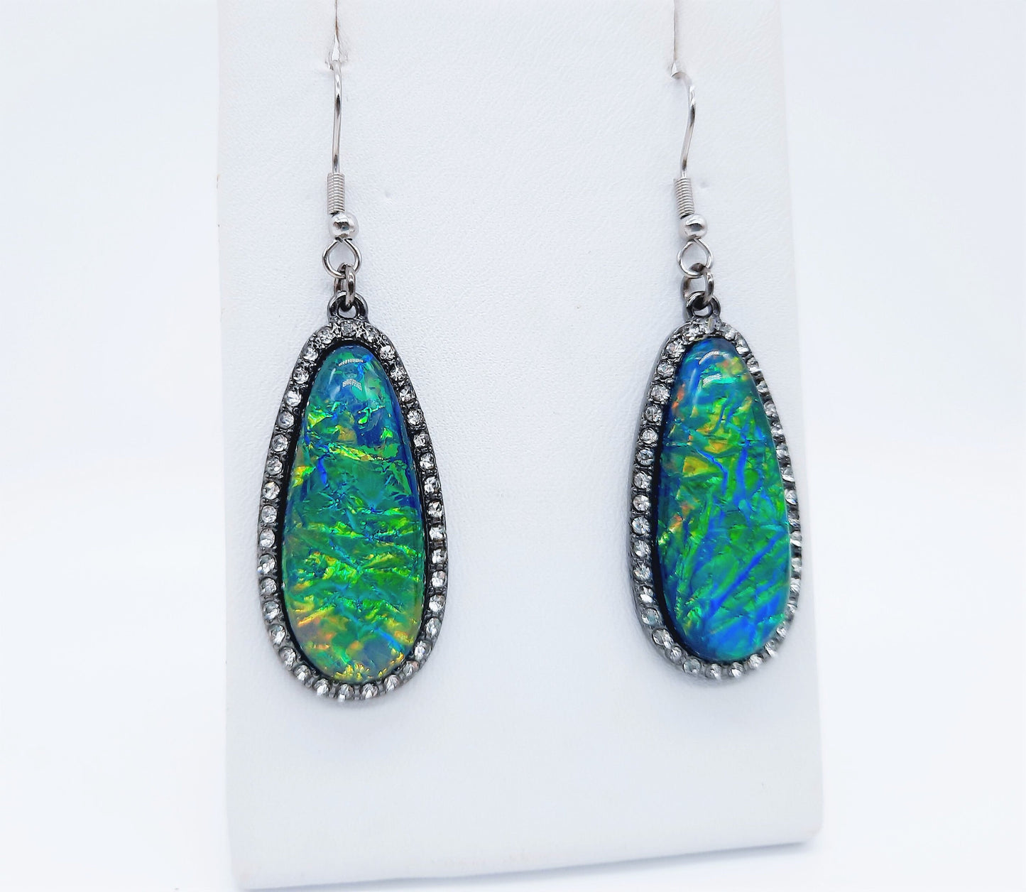 Handmade / Handcrafted Opal (like) Blue Green Sparkle Teardrop Pendant Earrings / Hypoallergenic Stainless Steel Ear Wire Hooks