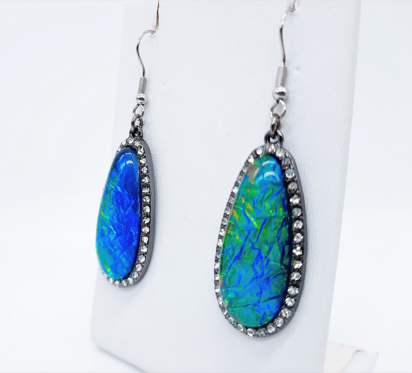 Handmade / Handcrafted Opal (like) Blue Green Sparkle Teardrop Pendant Earrings / Hypoallergenic Stainless Steel Ear Wire Hooks