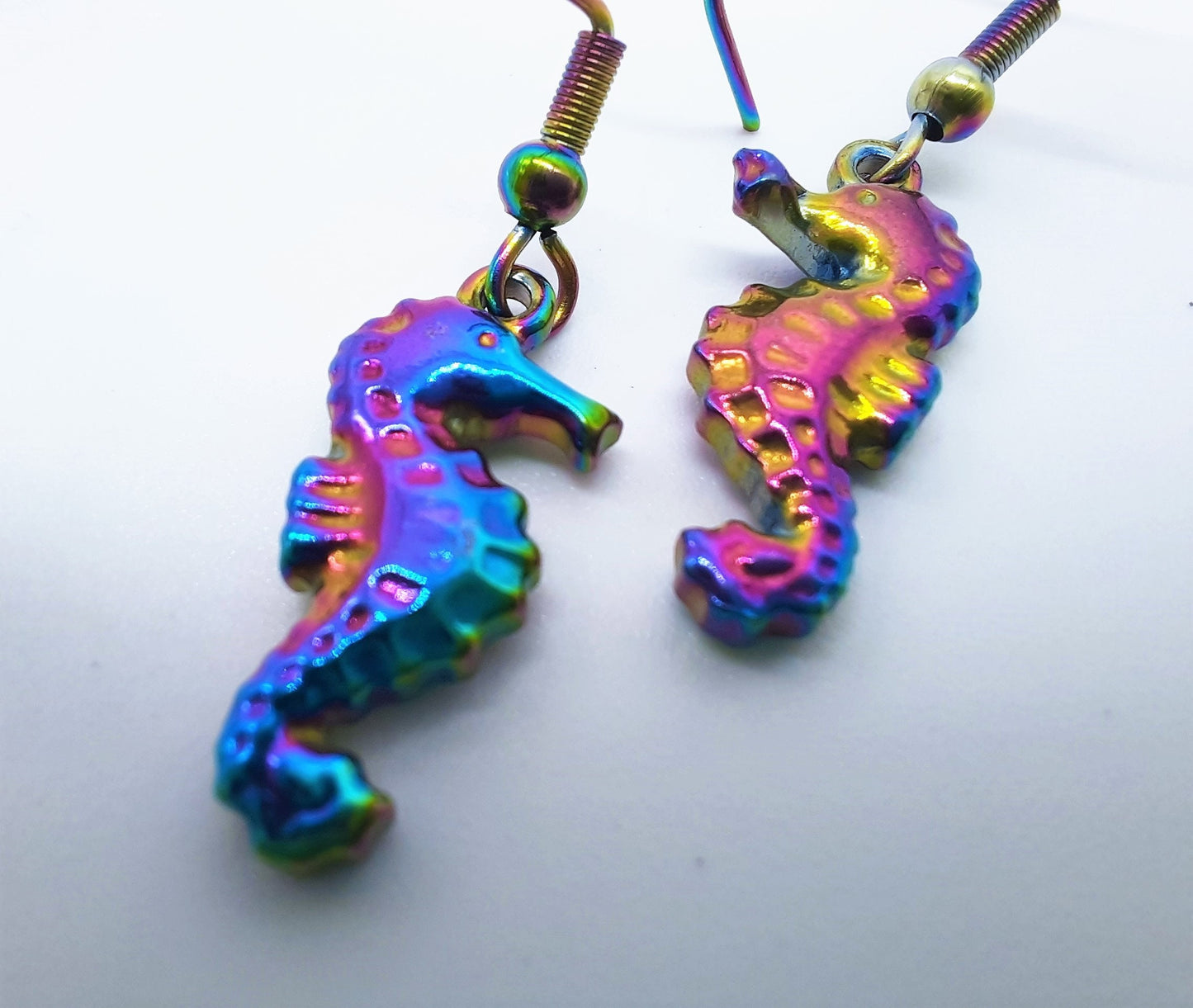 Handcrafted Rainbow Chromium Iridescent Sea Horse / Seahorse Dangle Earrings / Made with Hypoallergenic Stainless Steel Ear Wire Hooks