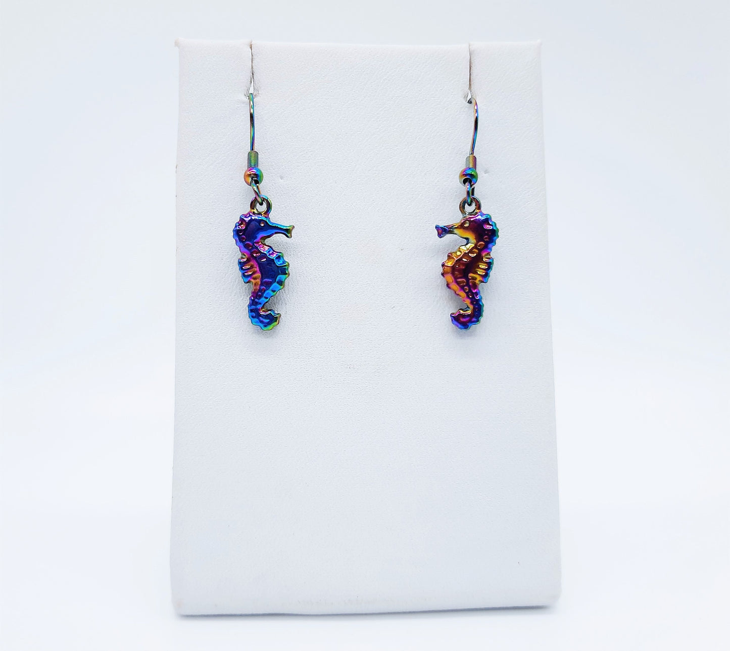 Handcrafted Rainbow Chromium Iridescent Sea Horse / Seahorse Dangle Earrings / Made with Hypoallergenic Stainless Steel Ear Wire Hooks