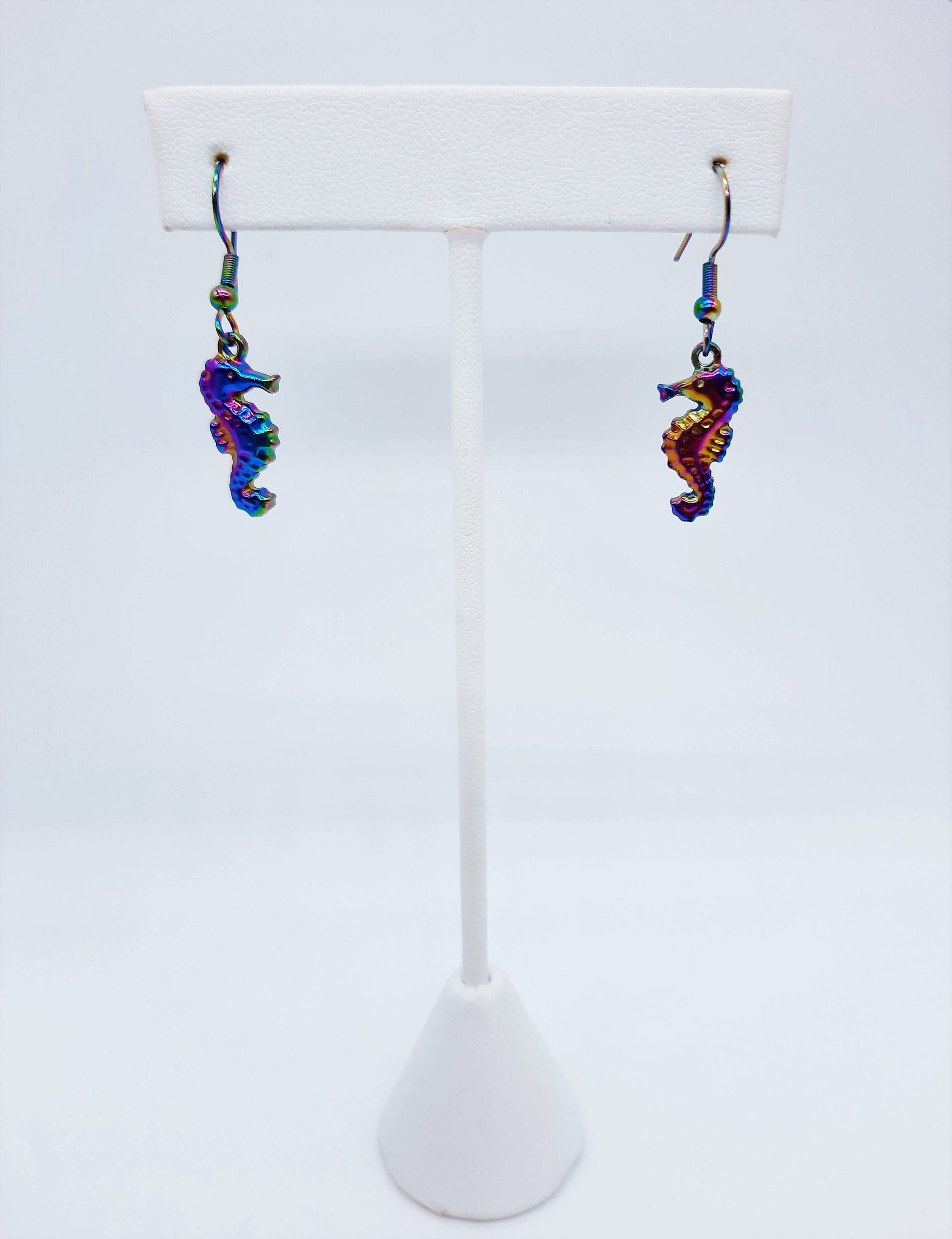 Handcrafted Rainbow Chromium Iridescent Sea Horse / Seahorse Dangle Earrings / Made with Hypoallergenic Stainless Steel Ear Wire Hooks