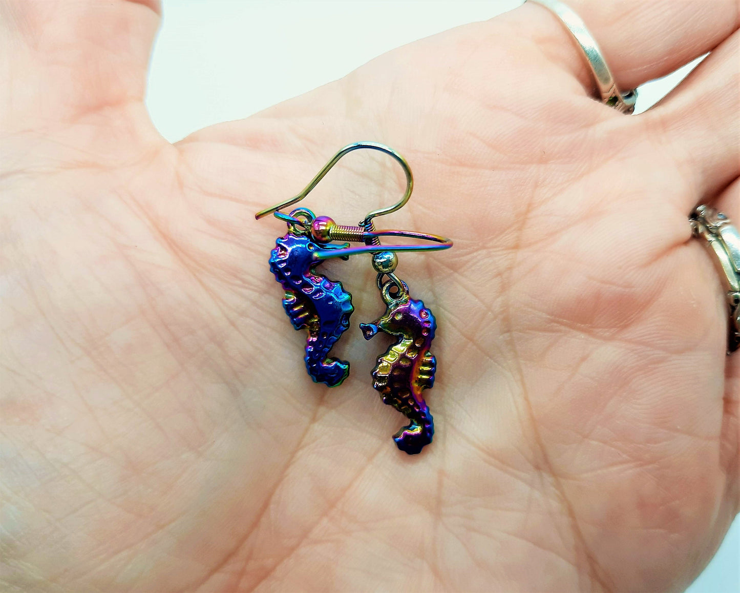 Handcrafted Rainbow Chromium Iridescent Sea Horse / Seahorse Dangle Earrings / Made with Hypoallergenic Stainless Steel Ear Wire Hooks